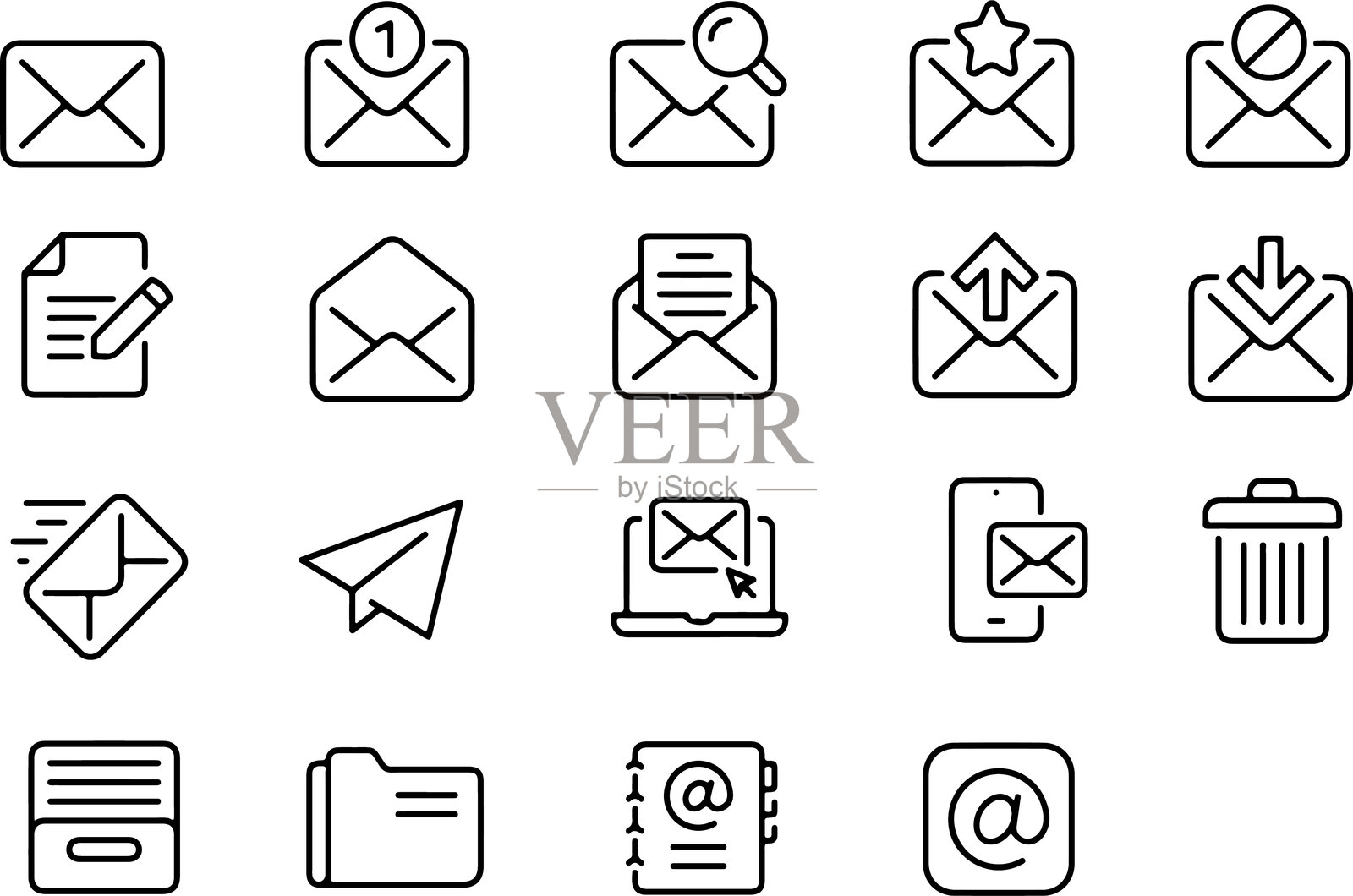 邮件通信发送接收消息的细线图标集。符号集合。像素完美图标，可编辑线条。插画图片素材
