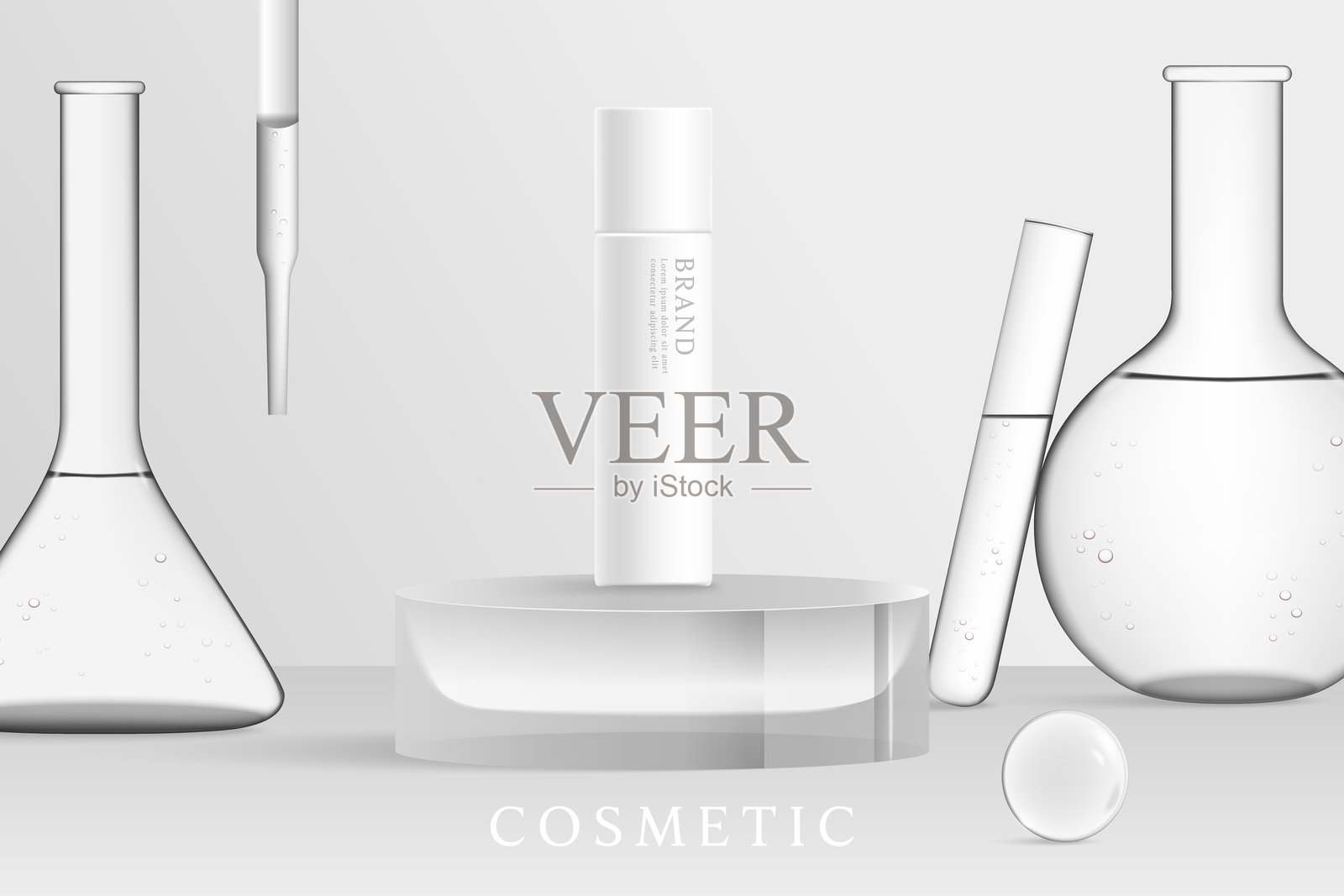 灰色实验室背景上的化妆品广告模板，配有实验室玻璃器皿。插画图片素材
