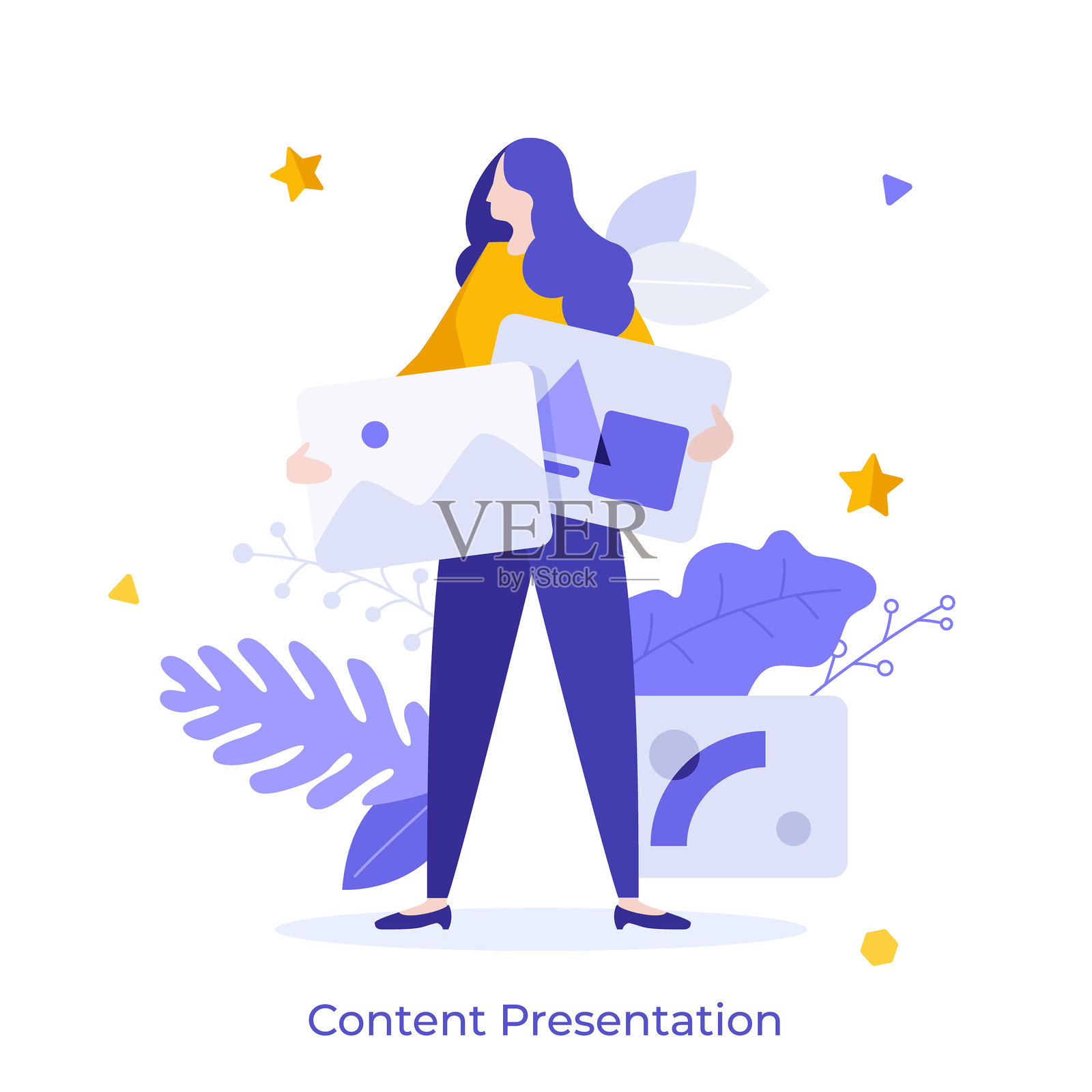 内容展示扁平概念矢量插图。图形设计师的艺术作品。为网页设计制作卡通角色的视觉材料。网站、移动端和演示的创意构思。插画图片素材