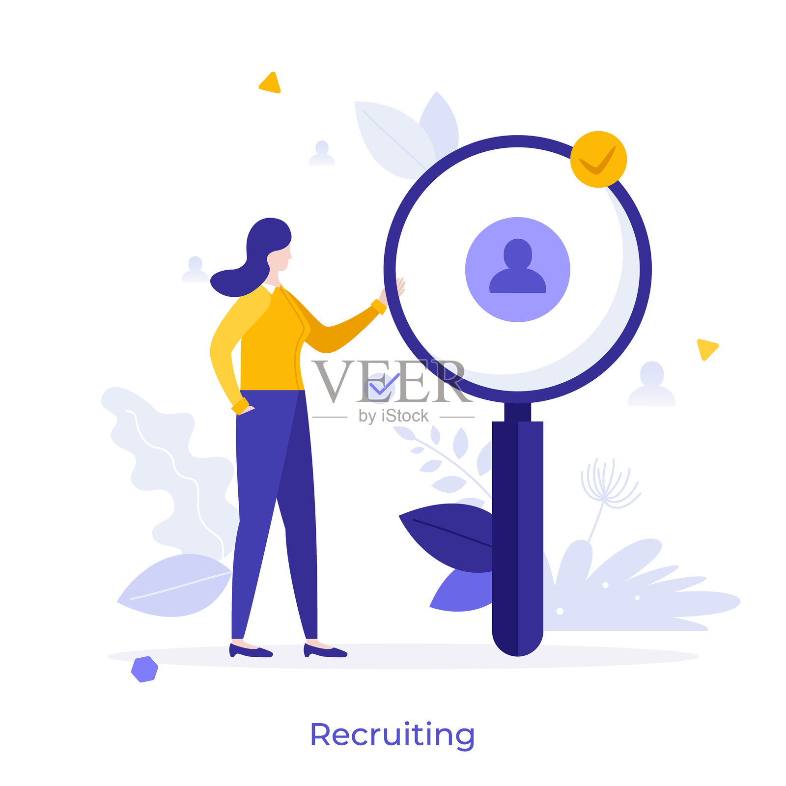 招聘平面概念矢量插图。人力资源经理寻找人才。手持放大镜的女性角色，背景为白色，适用于网页设计。网站、移动端和演示文稿的创意构思。插画图片素材