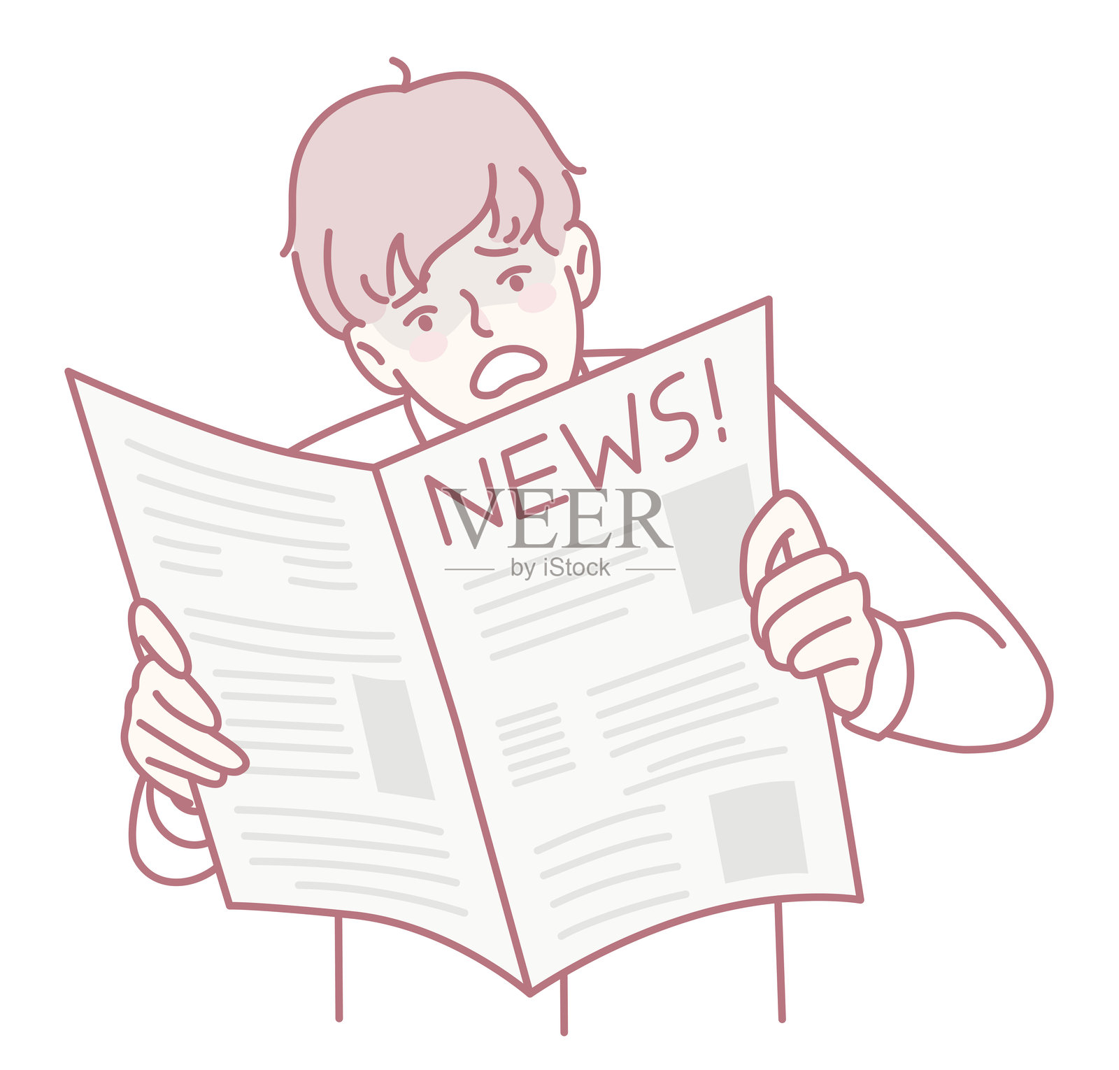 一位年轻男子正在阅读新闻，脸上露出惊讶的表情，感到震惊。插画图片素材