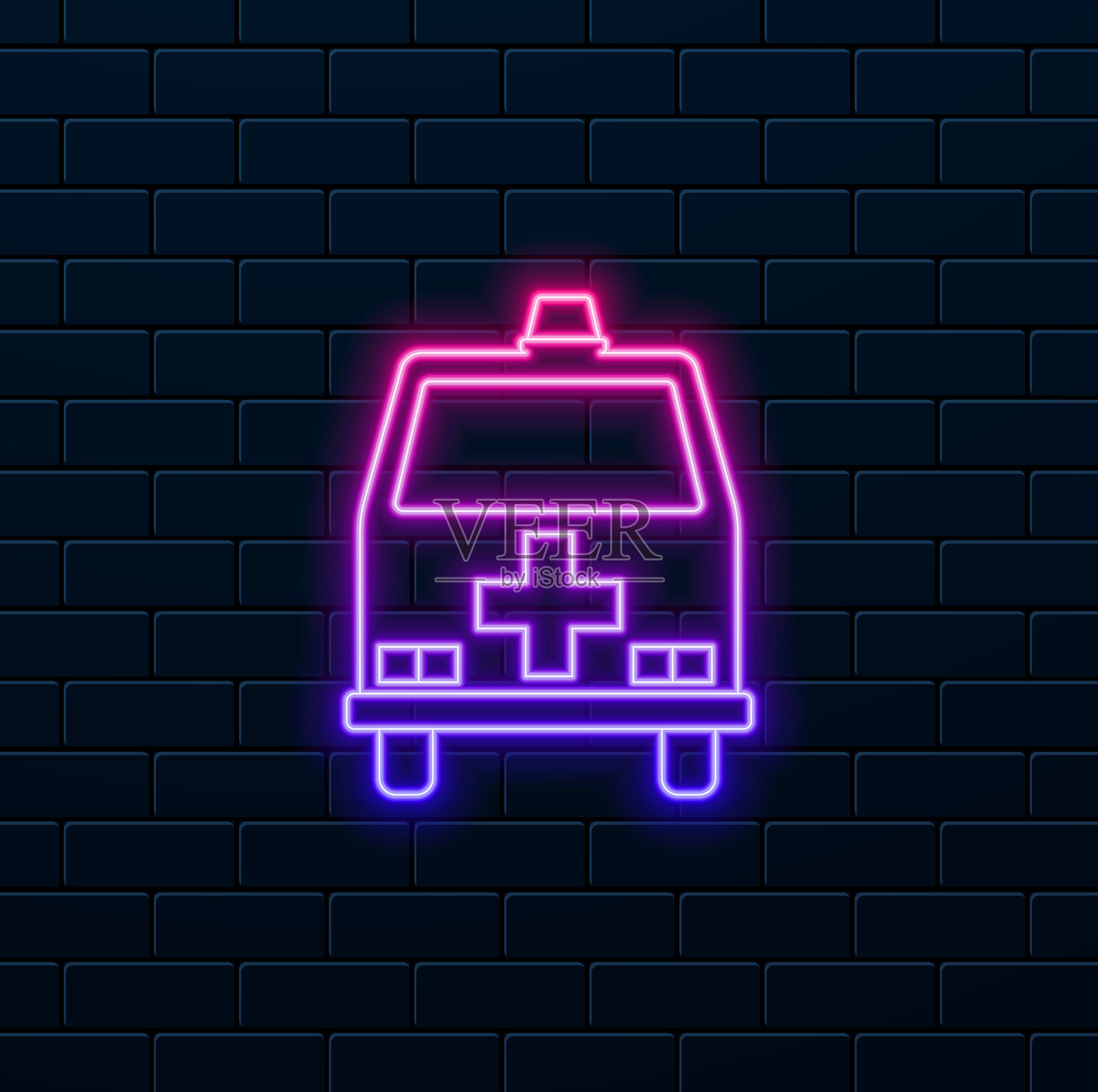 救护车紧急车辆。霓虹风格。医院运输车辆标志。医疗符号。优质设计元素。经典风格锥形物。插画图片素材