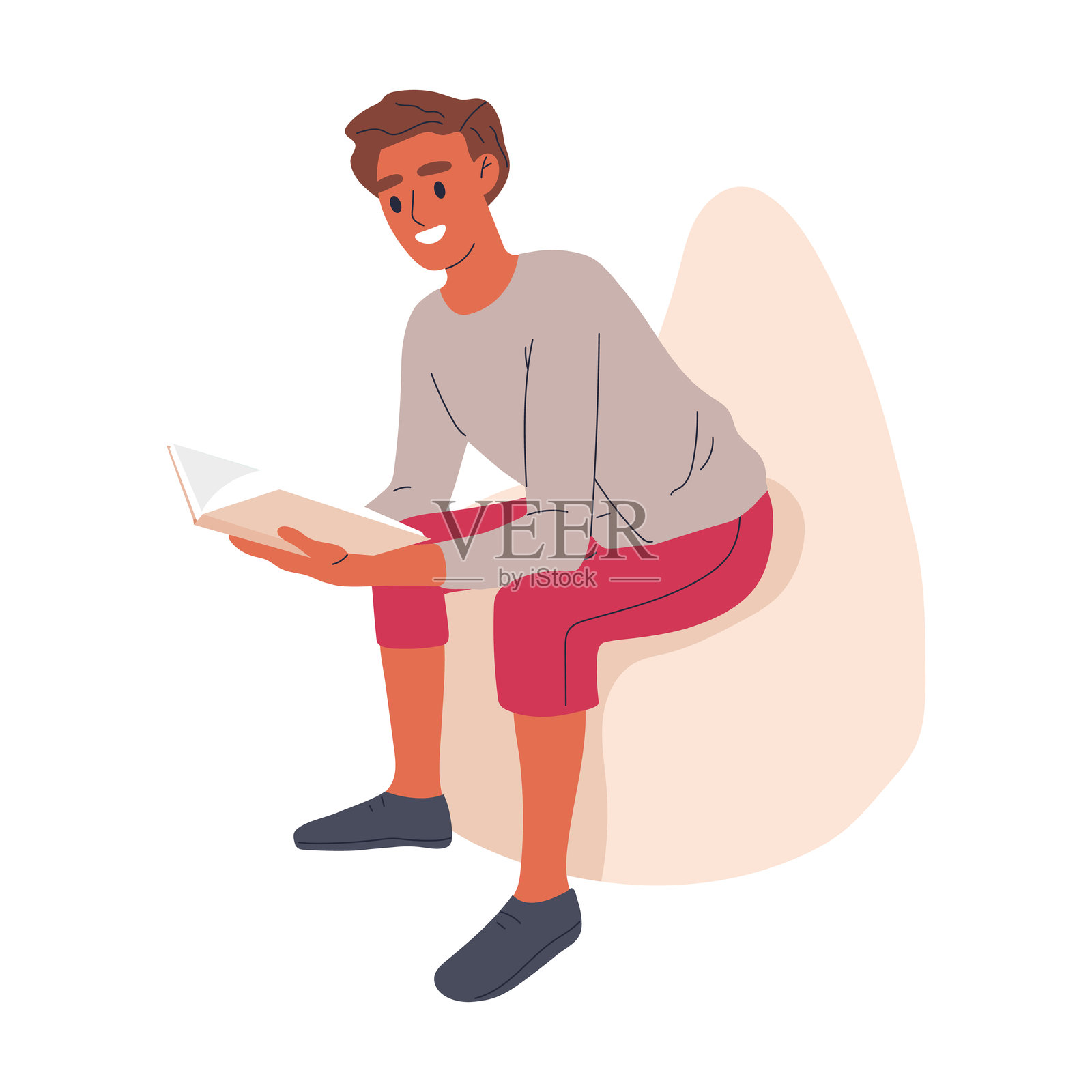 阅读的男人。坐在舒适扶手椅中的男性角色，书籍爱好者，文学迷以舒适的姿势阅读的平面插图。家中阅读的男孩。插画图片素材