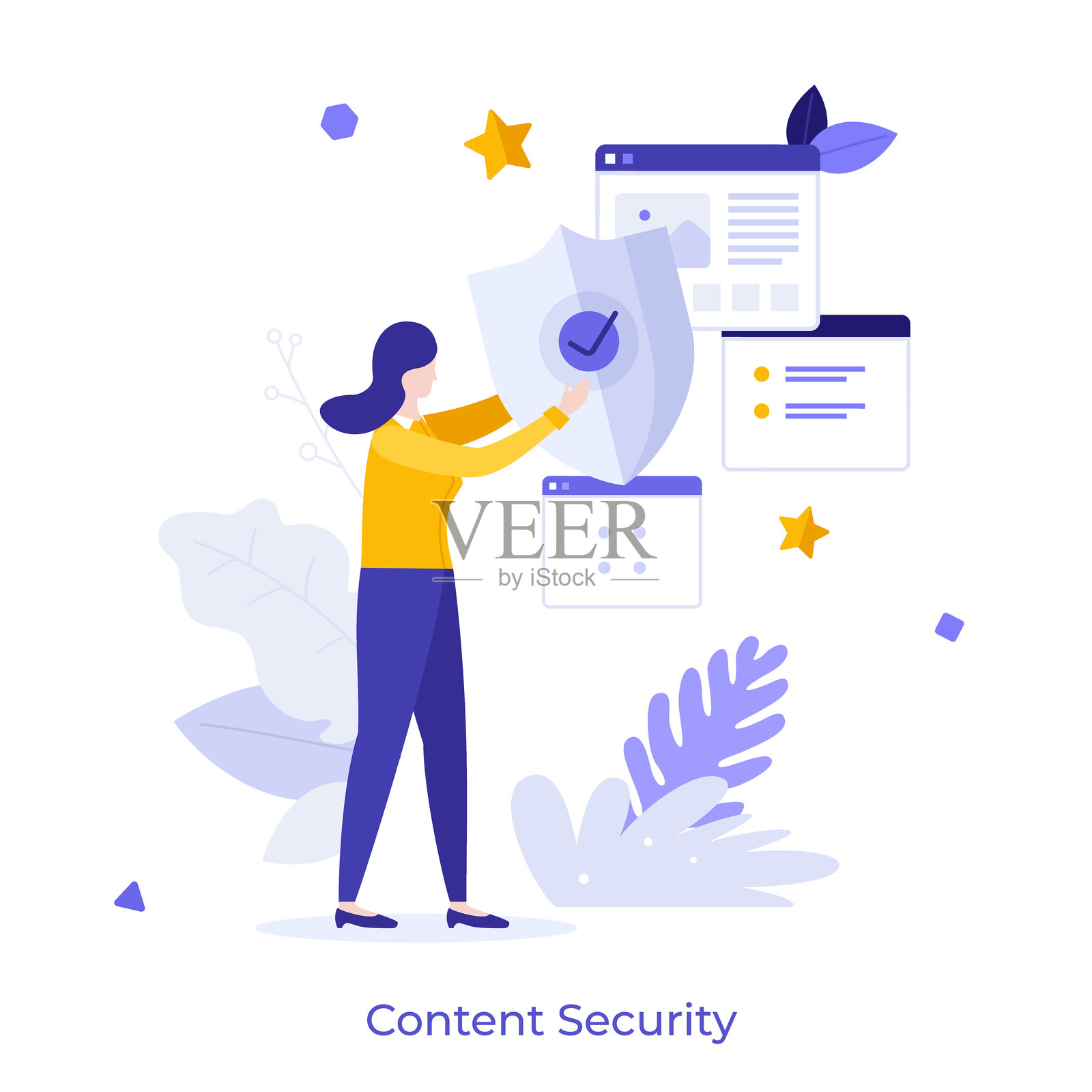 内容安全扁平概念矢量插图。检测和缓解某些攻击。网络安全角色在白色背景上，适用于网页设计。网站、移动应用和演示的创意构思。插画图片素材