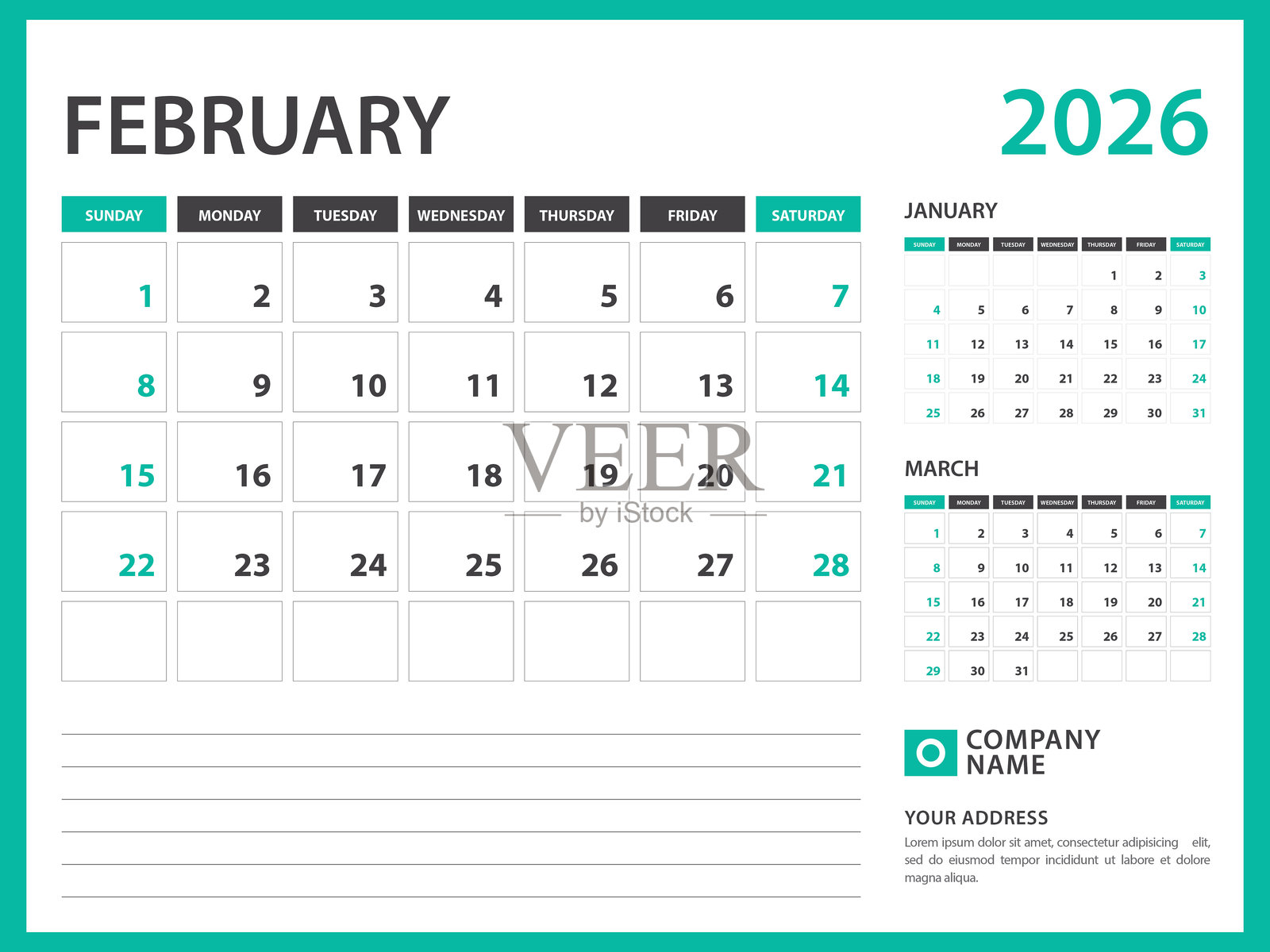 2026年日历模板。2026年2月，周日开始，桌面日历设计，挂历，计划设计，文具，印刷媒体，广告，矢量图。插画图片素材