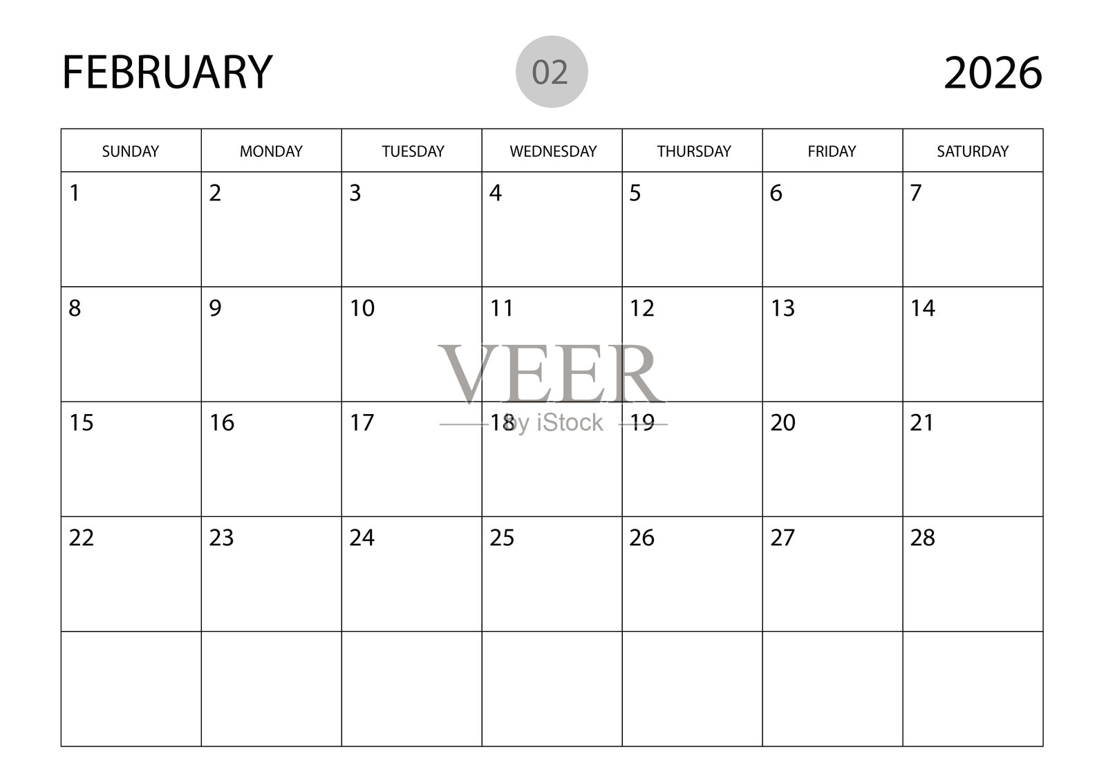 2026年2月计划模板，2026年日历模板，月度和年度计划器，组织者日记。周日开始的周计划，企业计划模板，2026年桌面日历，矢量插图插画图片素材