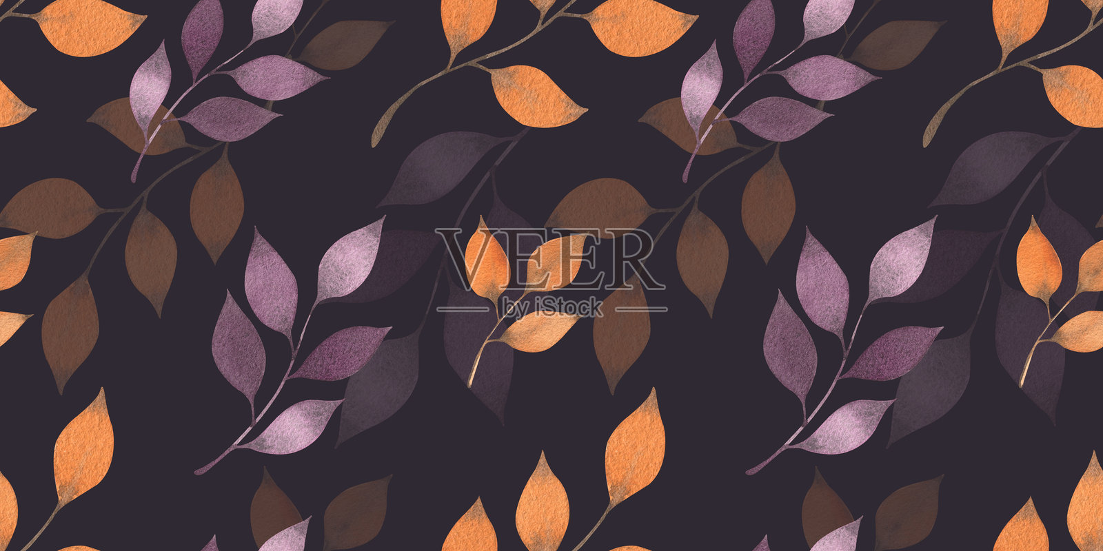 水彩无缝图案，包含秋天的树枝和叶子。橙色和紫色的秋叶。用于设计和装饰的印刷品。包装、包装纸、背景、剪贴簿。插画图片素材