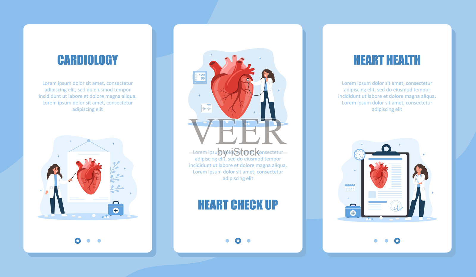 心脏病学横幅套件。心脏检查和治疗。女性心脏病专家进行诊断并选择治疗方案。心电图概念。平面卡通风格的矢量插图。心脏病预防。插画图片素材