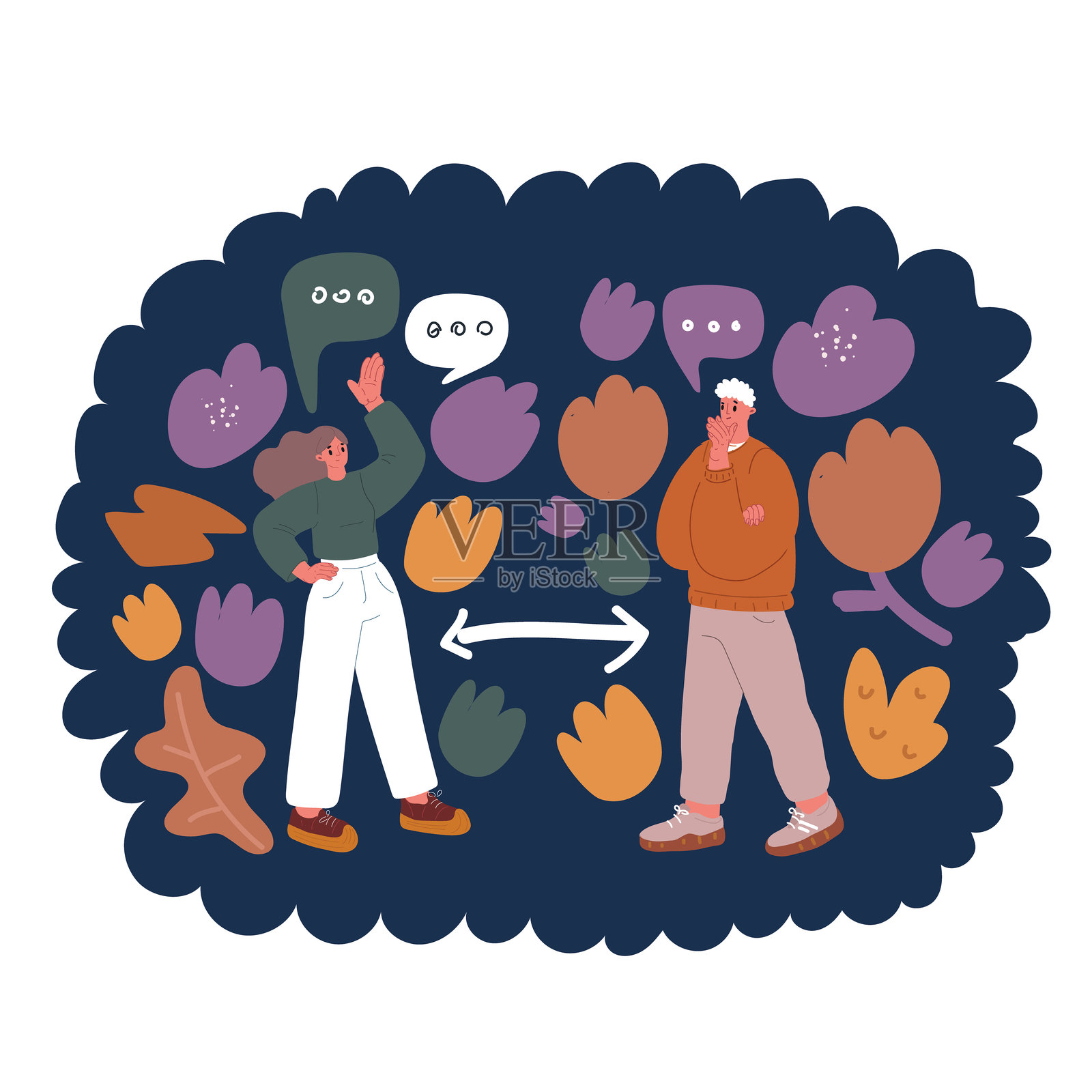 卡通矢量插图展示社交距离，两人保持距离以降低感染风险和疾病传播。人类之间保持2米或6英尺的距离。插画图片素材