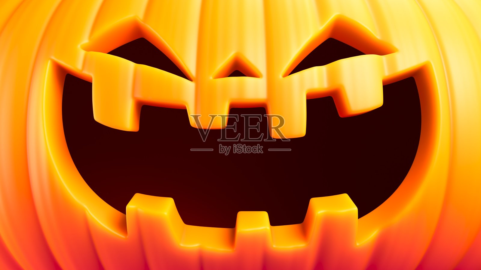 卡通风格的万圣节南瓜脸，带有大大的微笑嘴巴，营造出节日的恐怖气氛。风格化的万圣节搞笑南瓜灯，带有幽默的面部表情，散发出温暖和快乐。3D渲染。插画图片素材