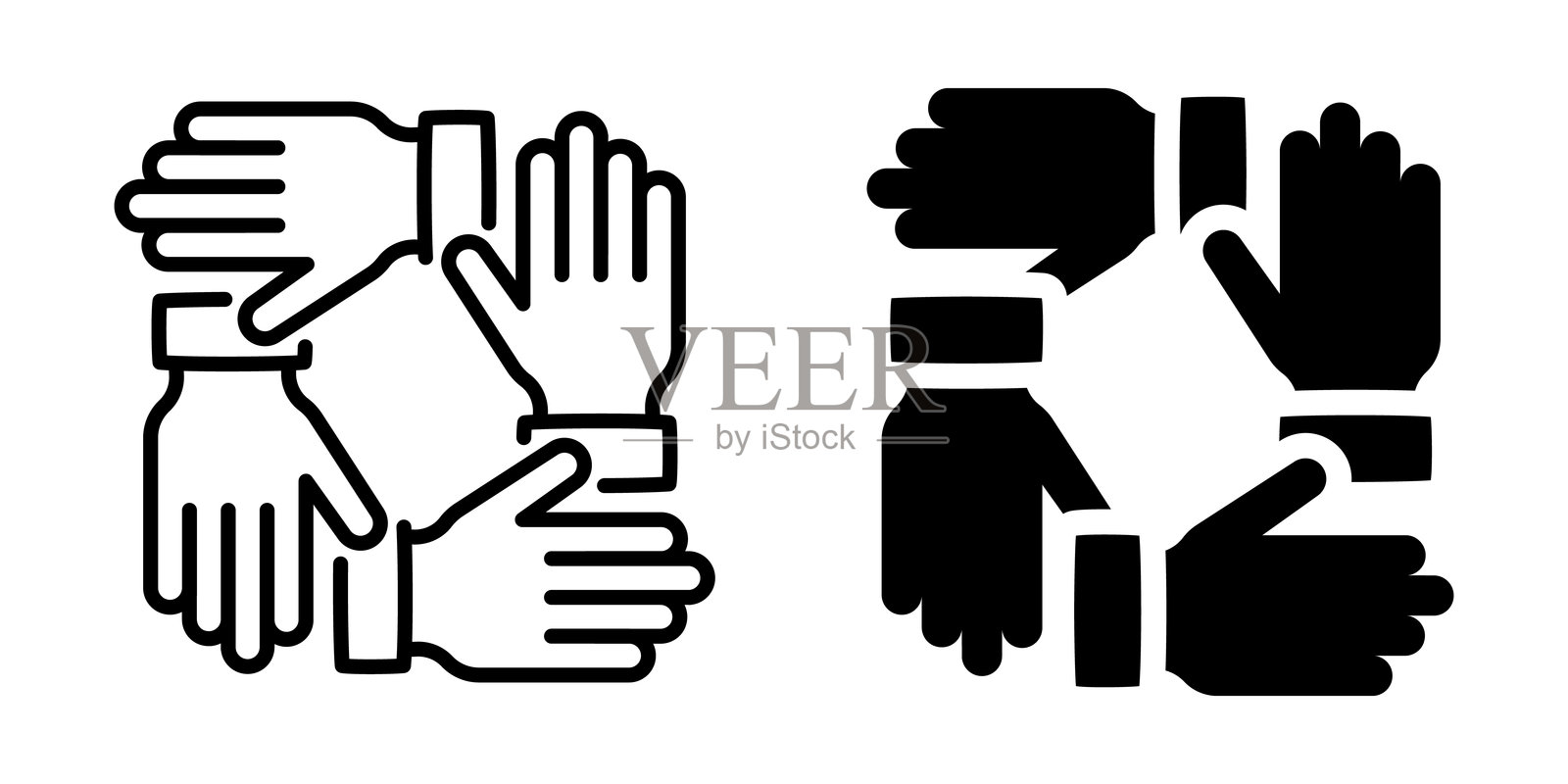 团结合作的手握图标。线条和轮廓风格。插画图片素材