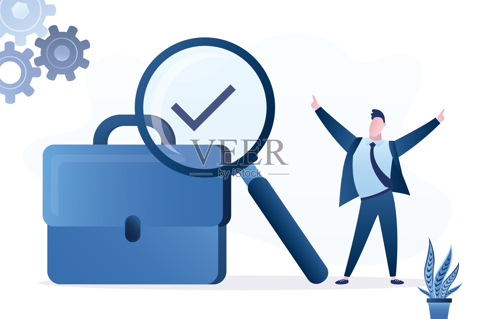 求职。巨大的公文包。快乐的求职者或申请者使用放大镜找到了工作。失业，猎头，职业。招聘，我们正在招聘。插画图片素材