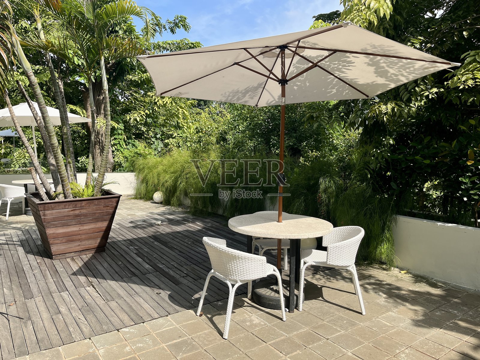 清新阴凉的户外用餐区照片摄影图片