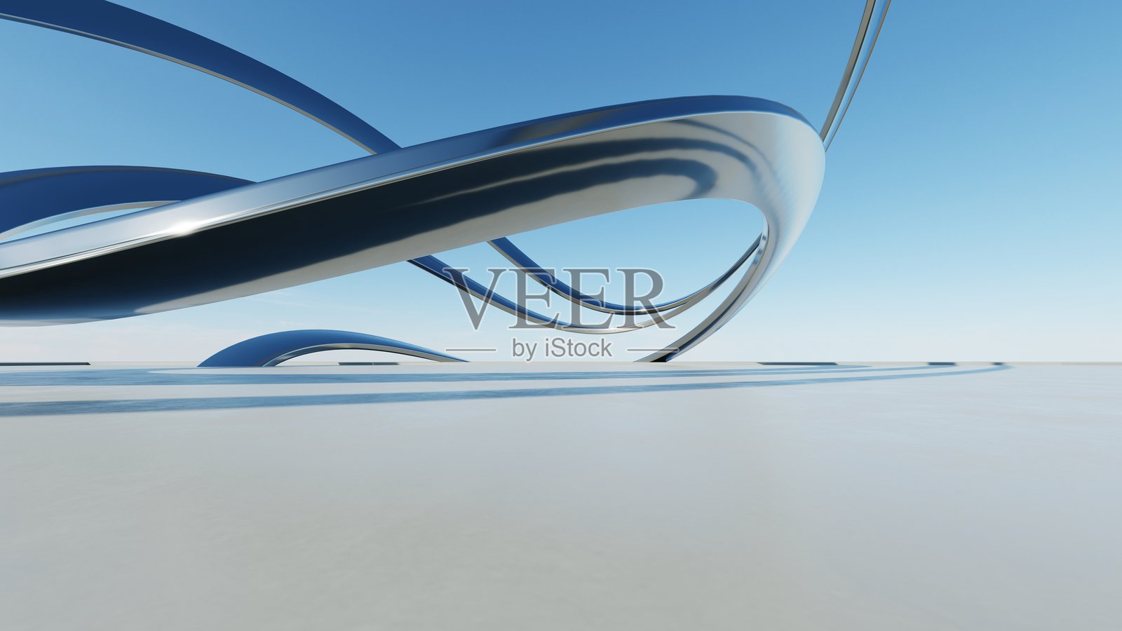 抽象波浪形建筑背景的3D插图，极简曲线几何建筑设计，汽车展示背景与空旷的混凝土地面，流动的几何金属建筑设计照片摄影图片