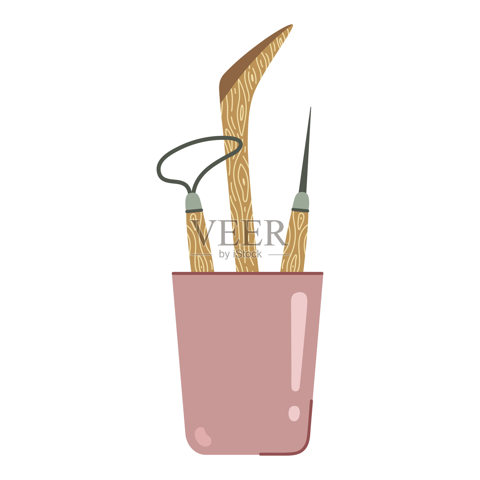 一套粘土造型工具，矢量艺术。木制陶艺工具放在杯子里。雕塑和陶瓷的设备。用于塑形塑料泥的刀具、锥子、带金属环的工具用于添加纹理。爱好者工具。插画图片素材