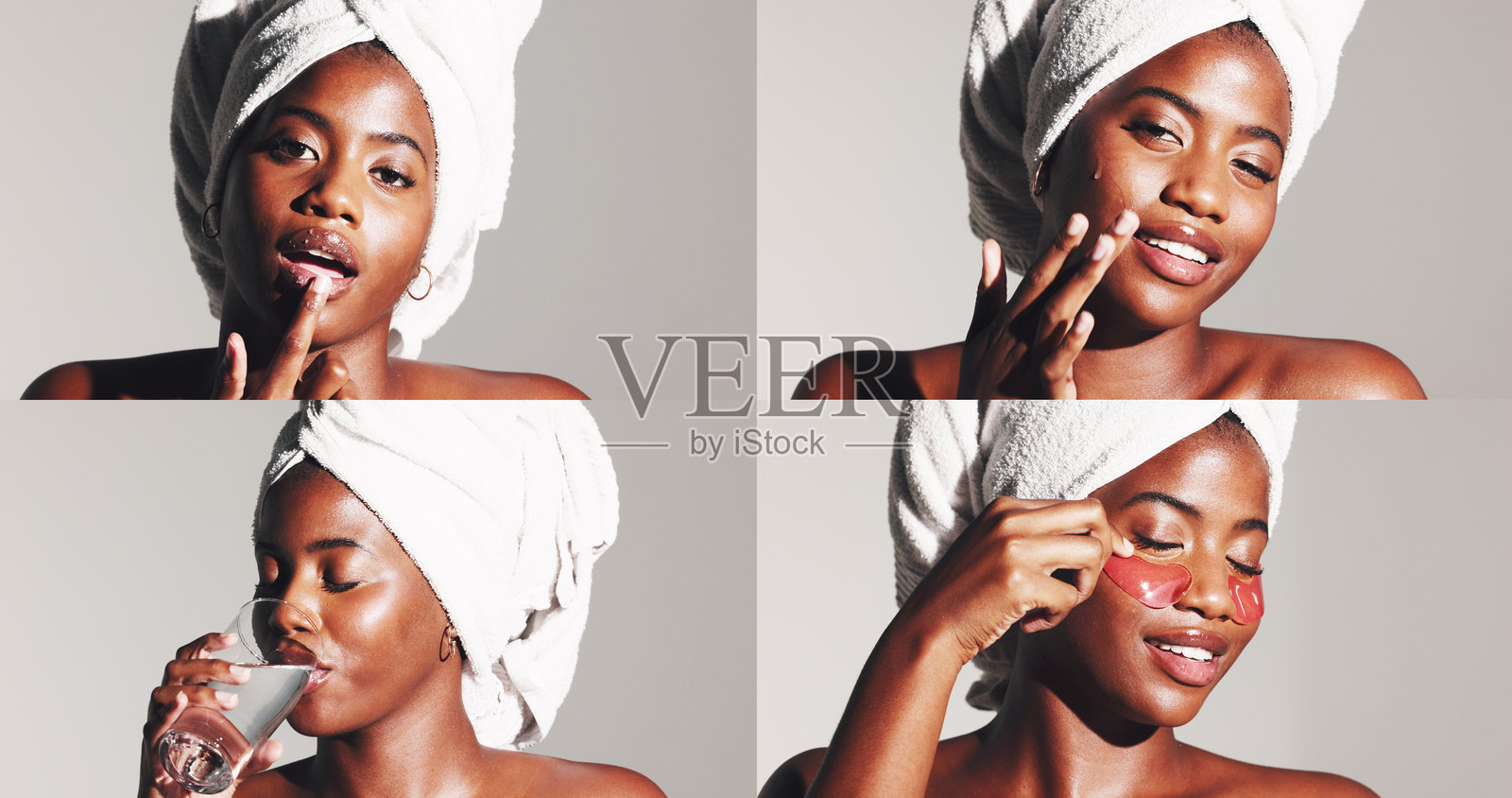 拼贴画，黑肤女性在工作室进行护肤治疗，强调水分补充和皮肤科护理。胶原蛋白、饮水和眼膜与白色背景下的人物，适用于唇部磨砂。照片摄影图片