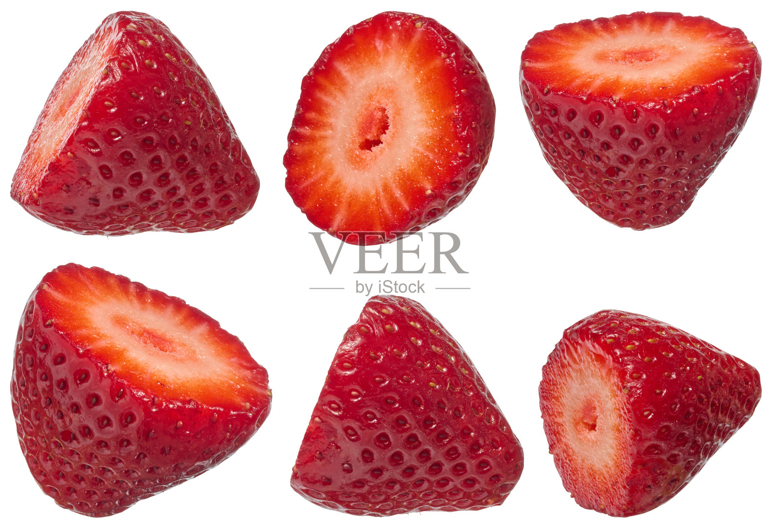 六个切半的草莓特写，排列在背景上。新鲜、多汁、鲜艳的红色水果片，带有明显的种子和纹理。照片摄影图片