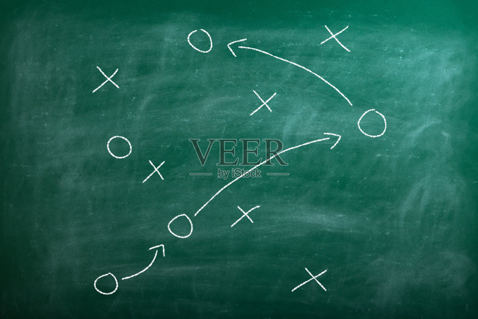 战术计划。手绘箭头作为战略方案草图，孤立在绿色黑板上。商业或体育成功概念。照片摄影图片