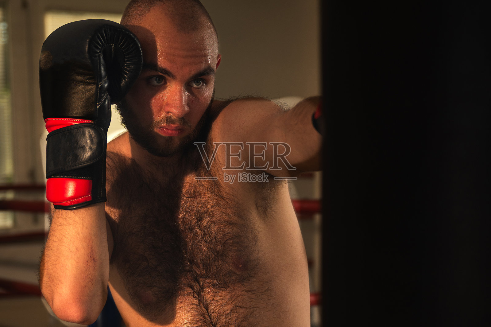 男性拳击手在温暖的日落光线下击打拳击沙袋的特写镜头照片摄影图片