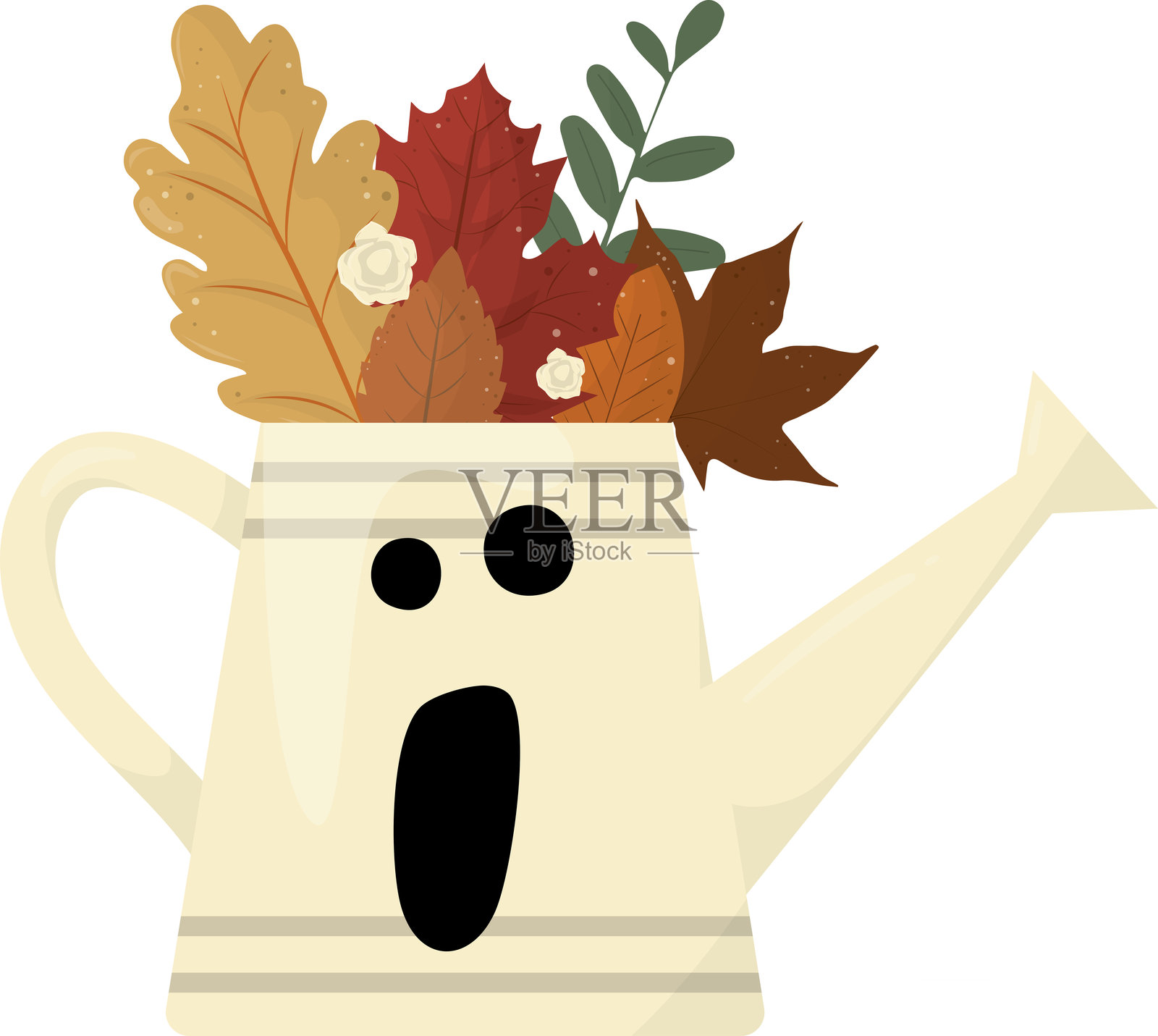 万圣节鬼魂浇水壶与秋天的落叶。插画图片素材