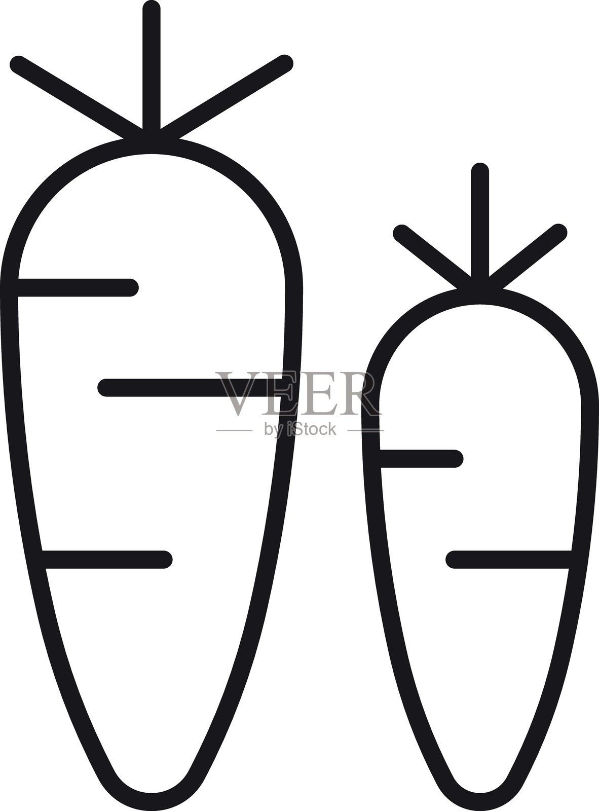 黑色轮廓的两根胡萝卜的风格化插图，采用细线风格。插画图片素材