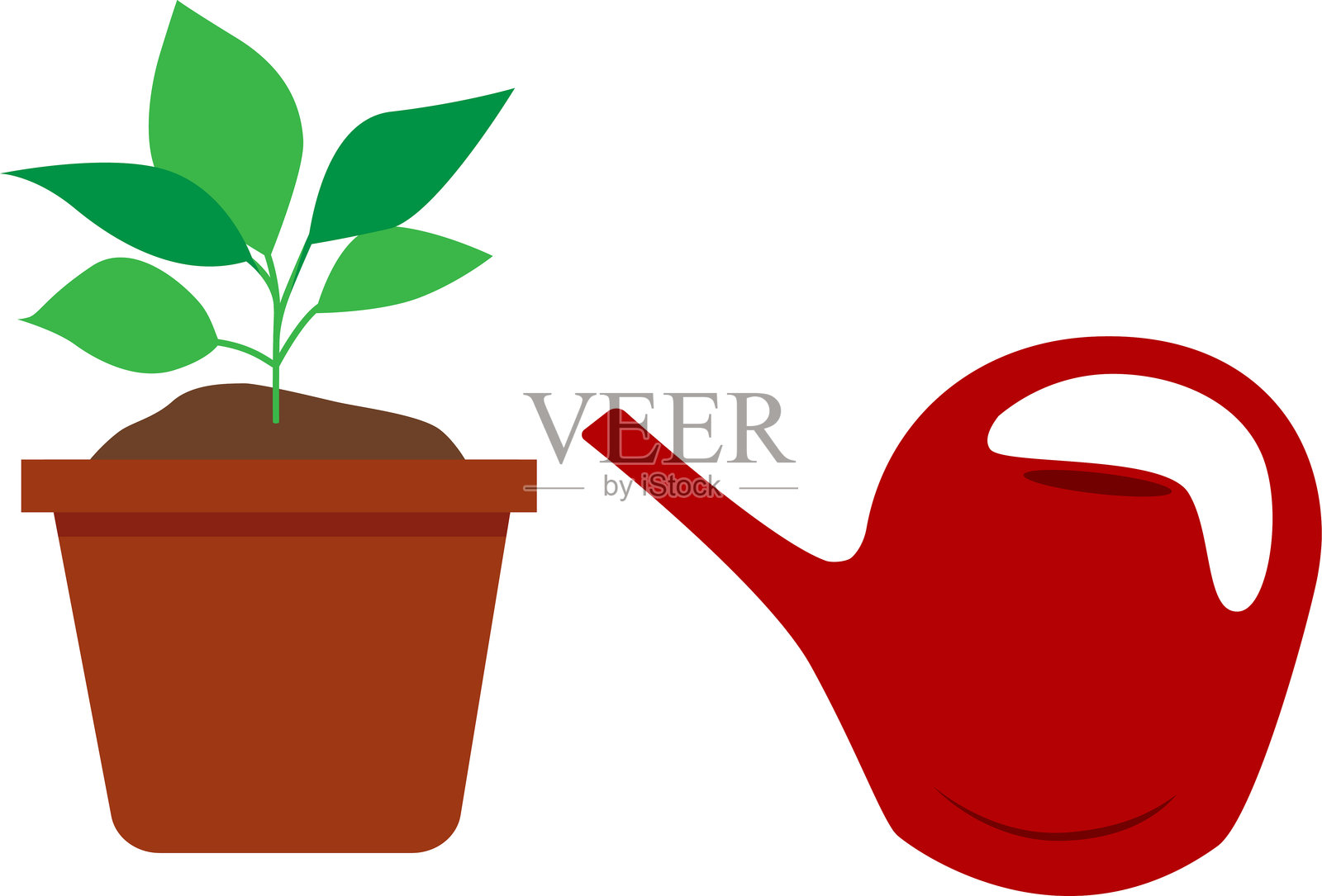 一个花盆里种着绿色植物和一个浇水壶。带透明背景的矢量插图。插画图片素材