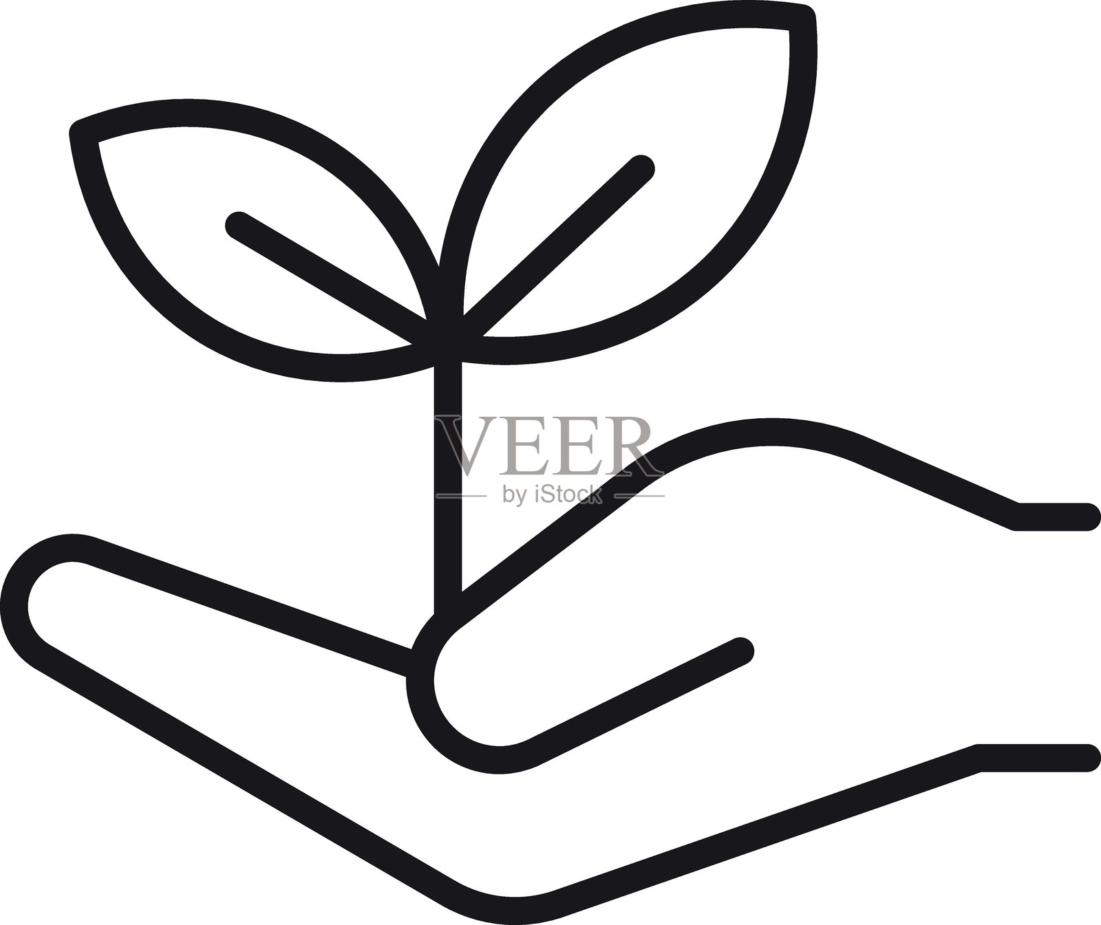 手握植物的图标，象征着对自然的成长和关爱，采用细线风格。插画图片素材