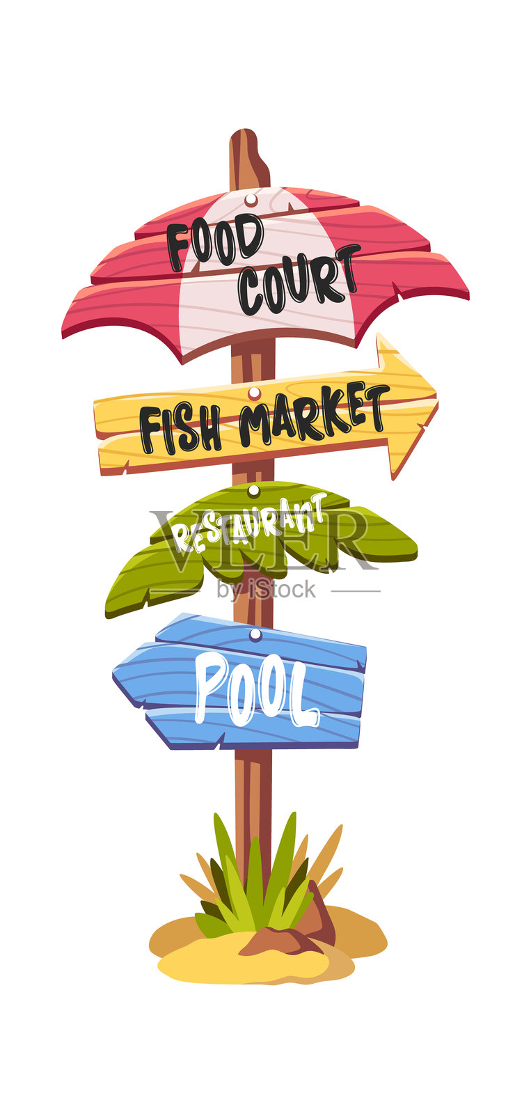 色彩缤纷的夏季海滩指示牌卡通设计插画图片素材