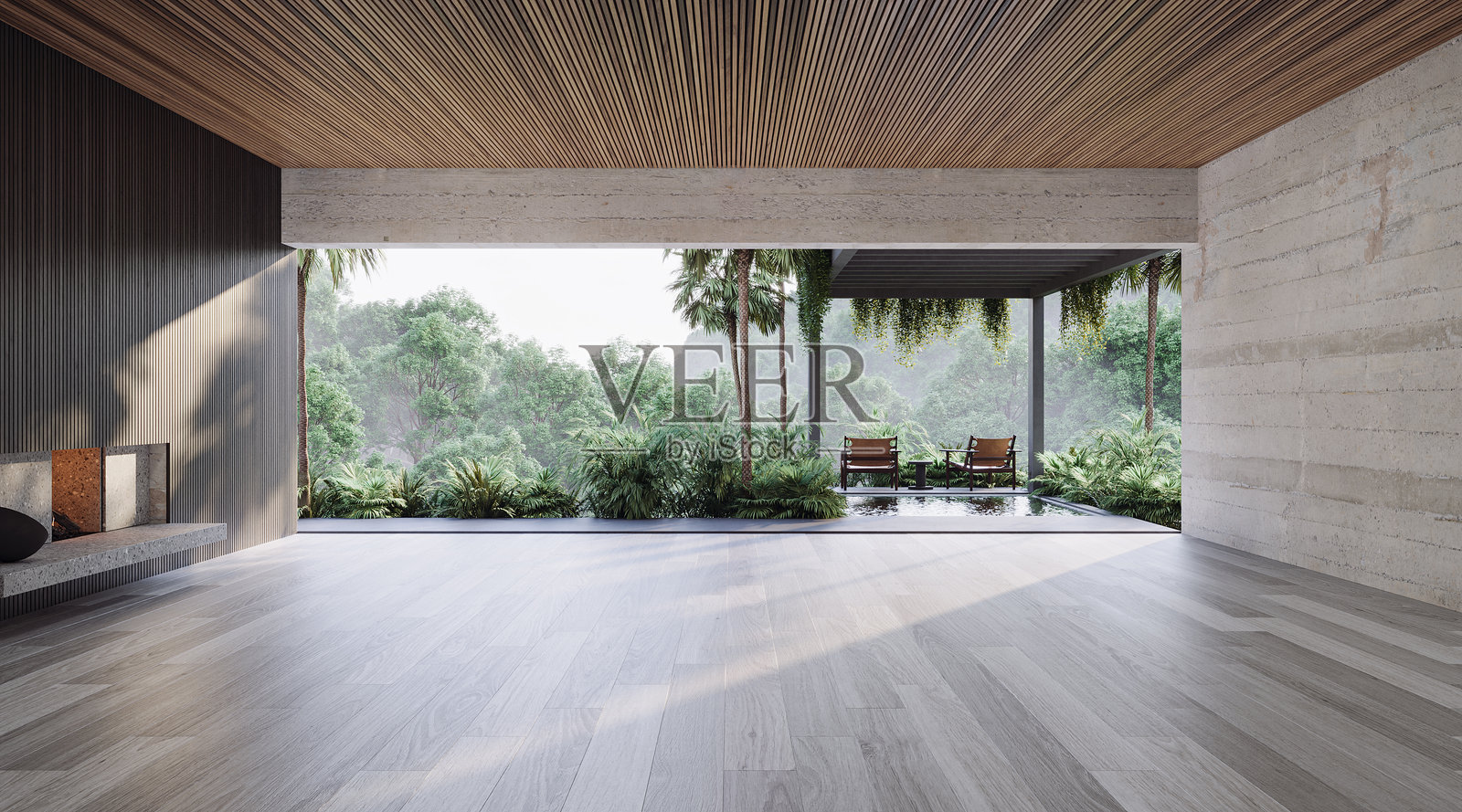 一个宁静的开放式居住空间，配有极简家具、自然材料和全景森林景观，室内外设计完美融合，3D渲染图照片摄影图片