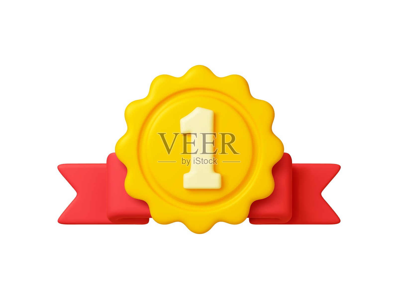 金色徽章3D图标。孤立的第一名奖项，带红色丝带的奖牌花饰。犬展、科学发现、体育比赛的矢量奖品设计。插画图片素材