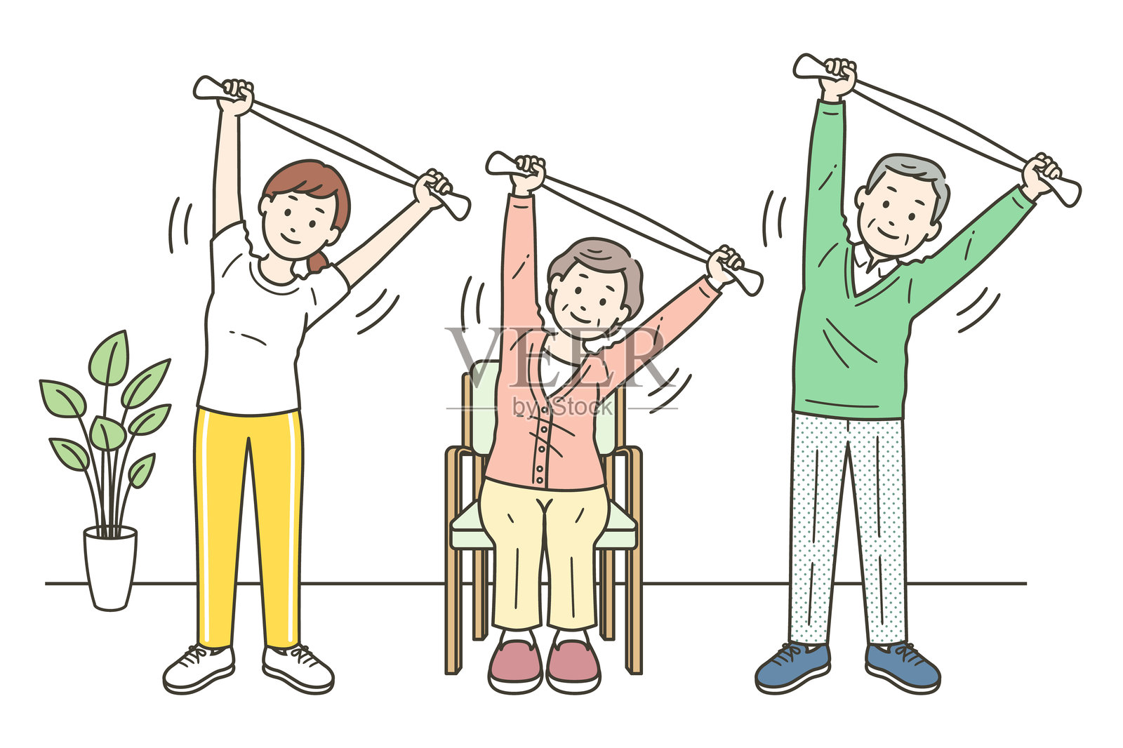 老年男女拉伸和护理人员的插图集插画图片素材