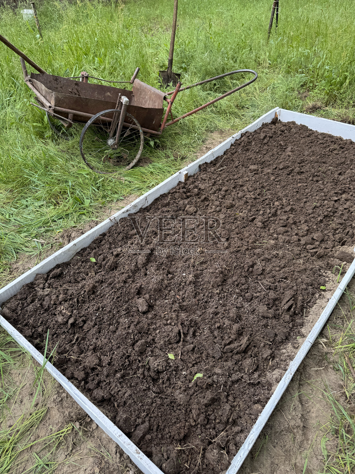 一个高高的花园床，带有木制框架。里面填满了肥沃的土壤。旁边放着一个自制的手推车。照片摄影图片