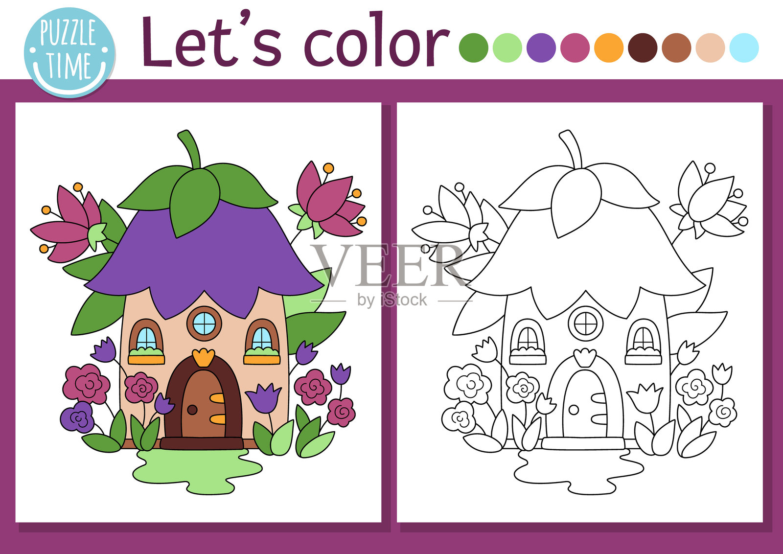 儿童仙境涂色页，配有可爱的花仙子房子。魔法森林的轮廓插图。适合儿童的涂色书，附有彩色示例。童话幻想绘画技巧可打印工作表。插画图片素材