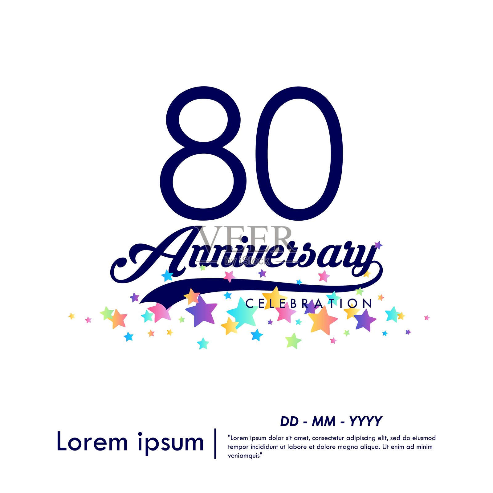 80周年庆典徽章。祝贺周年纪念标志，带有丝带和彩色星星，背景为白色。矢量插图模板设计。插画图片素材