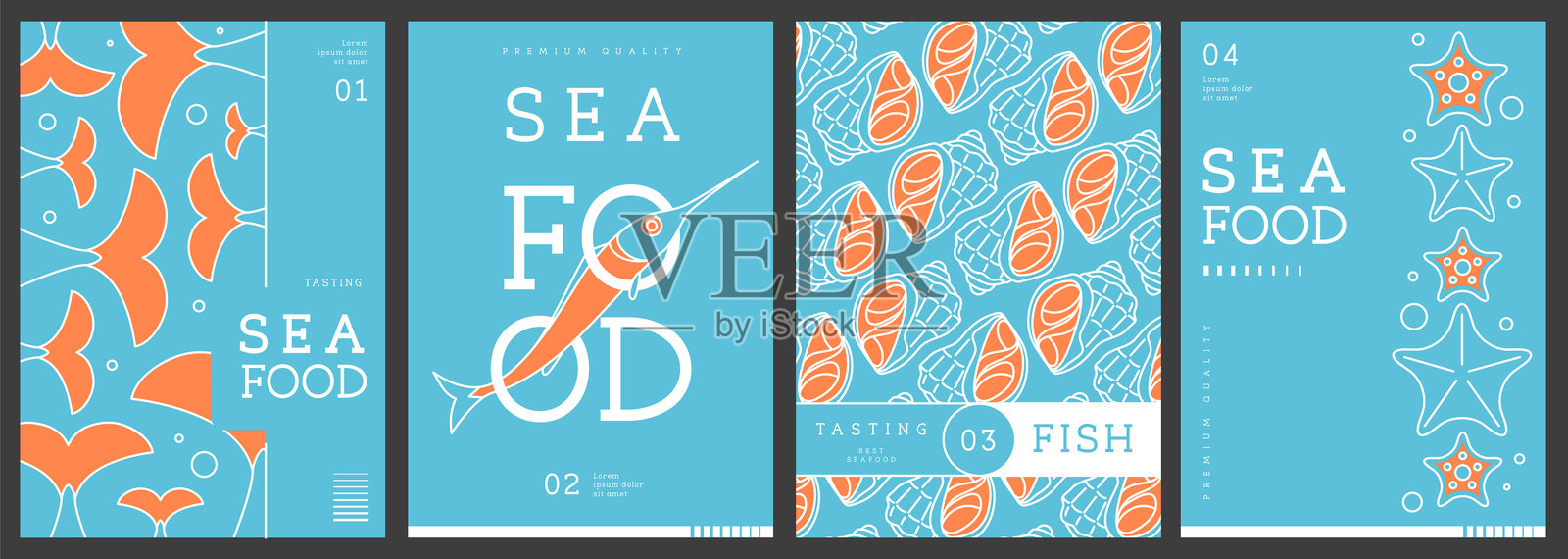 现代杂志封面或海报的线条艺术海鲜系列。餐厅海鲜菜单设计。矢量插图插画图片素材