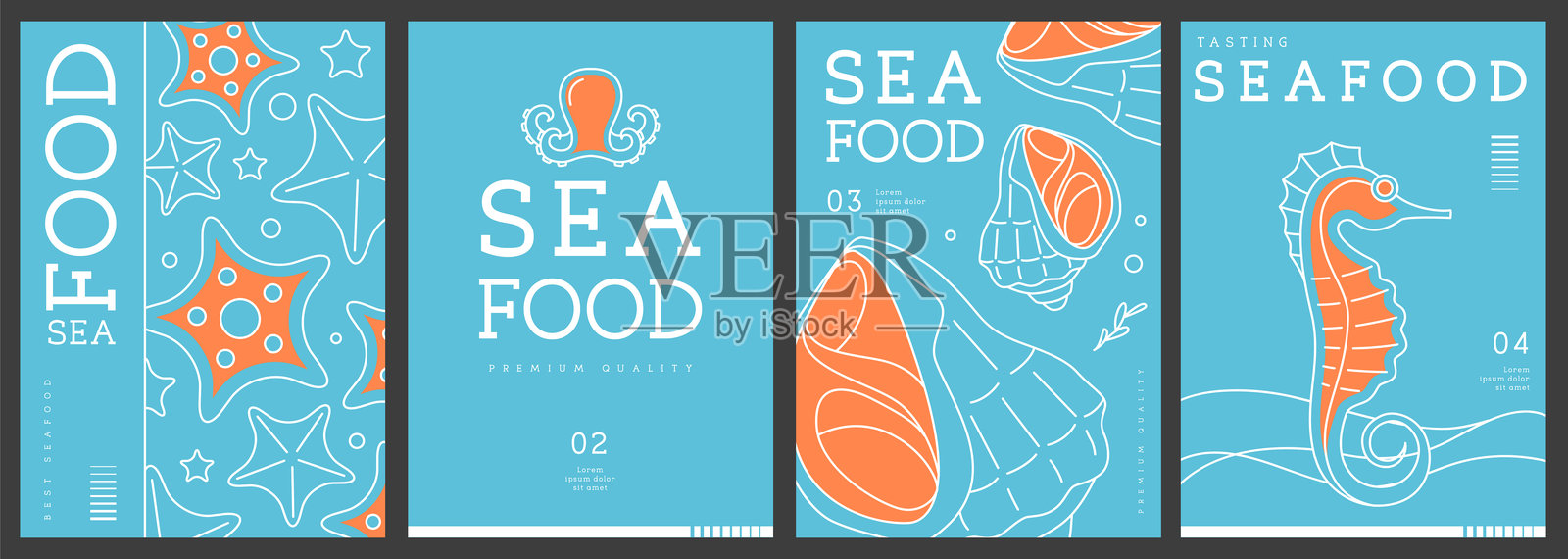 现代杂志封面或海报的线条艺术海鲜系列。餐厅海鲜菜单设计。矢量插图插画图片素材