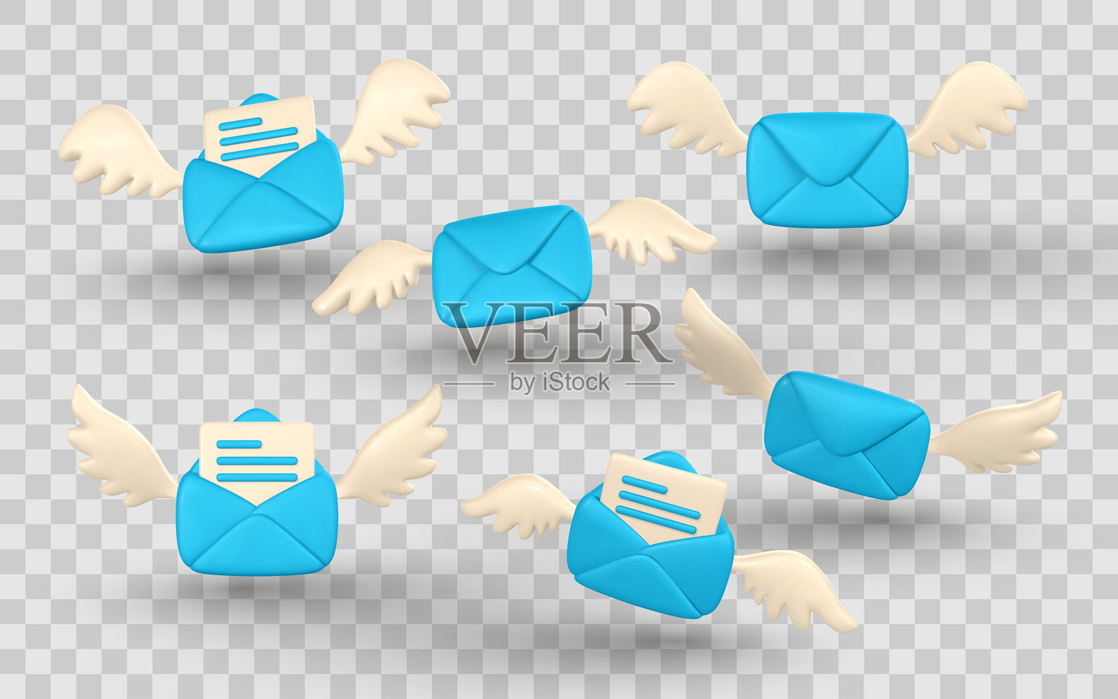 飞翔的信封带翅膀和信件，3D卡通风格图标集，适用于电子邮件、信息、沟通或快递概念。矢量插图插画图片素材