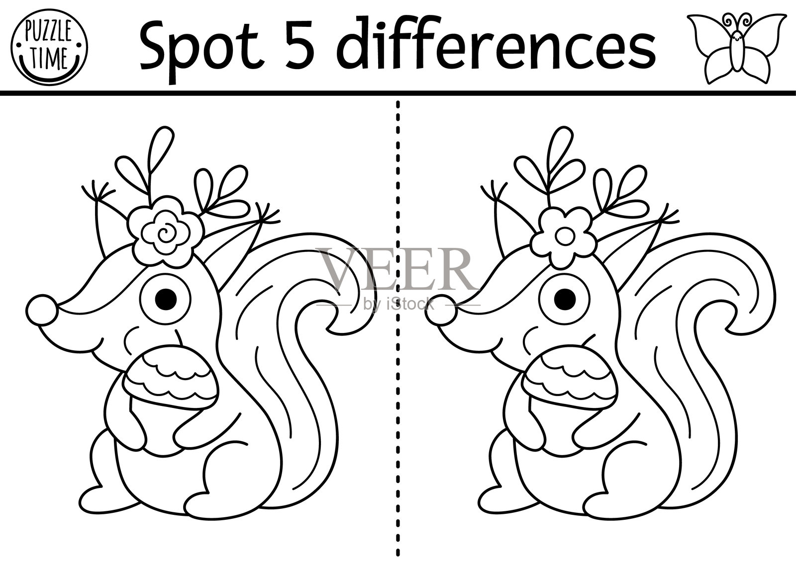 黑白找不同游戏。仙境教育活动，松鼠与橡果。魔法森林线条拼图，适合儿童。童话可打印工作表，带有森林动物的涂色页。插画图片素材