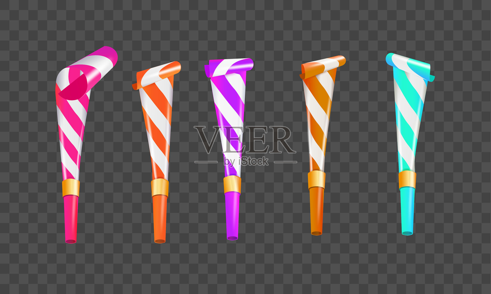 庆祝派对的彩色喇叭哨子套装。逼真的细节3D效果。矢量图。插画图片素材