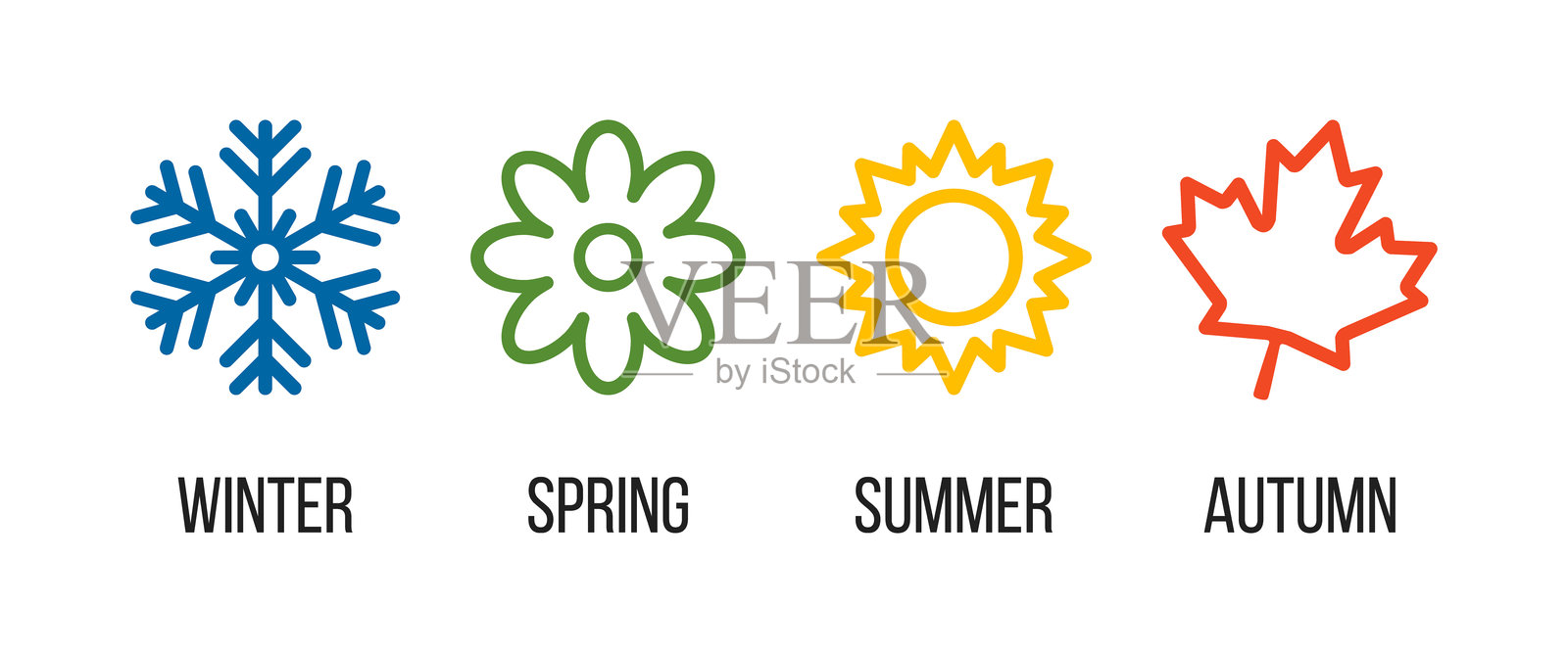 四季多彩矢量图标集，蓝色冬季雪花，绿色春季花朵，黄色夏季太阳，红橙色秋季树叶插画图片素材