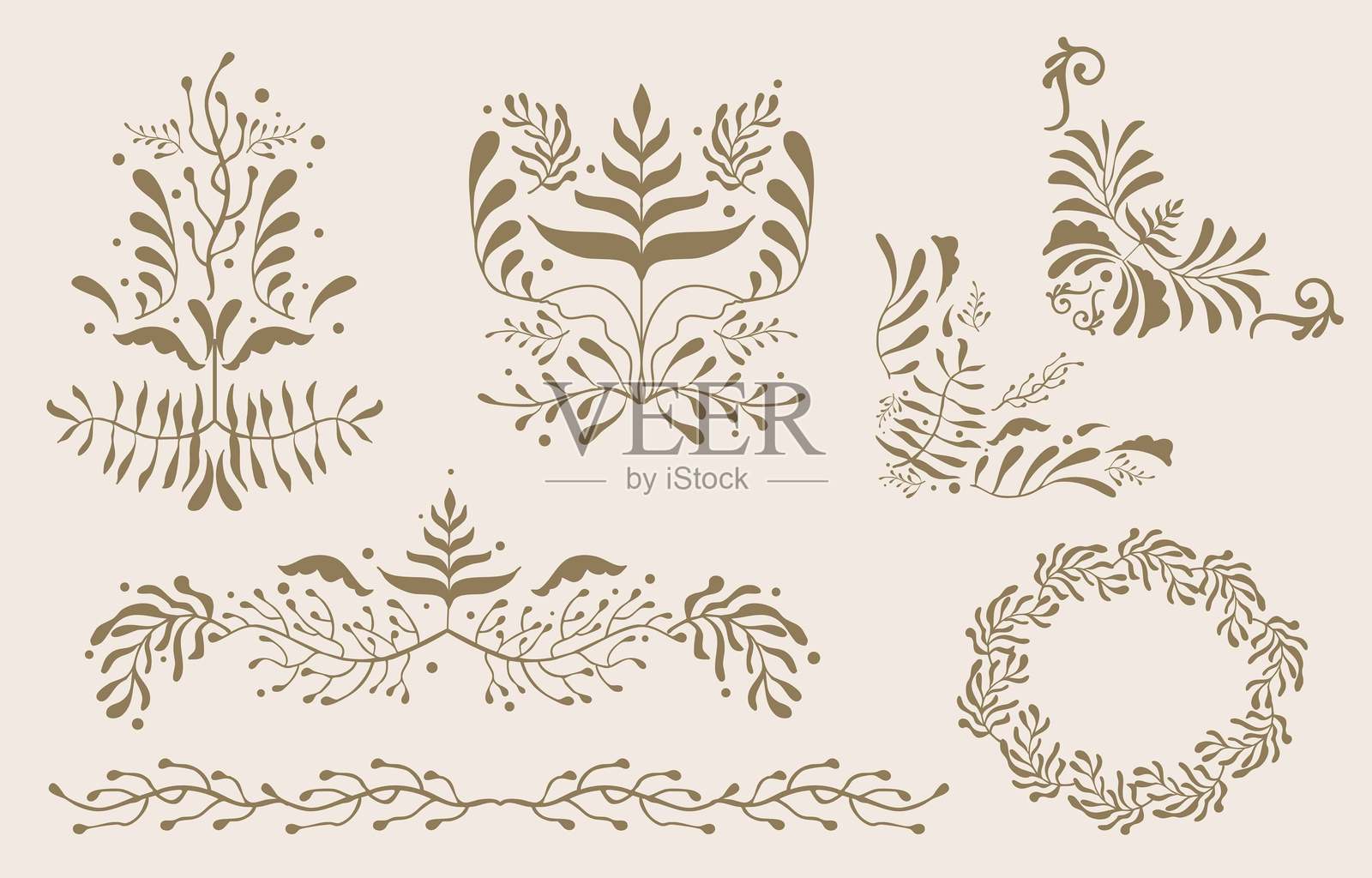 复古花卉和叶子边框元素，波浪线风格插画图片素材