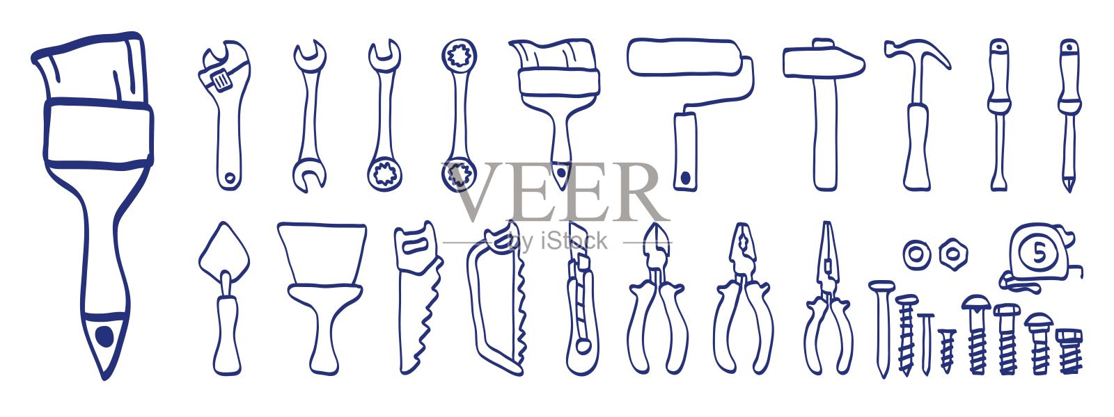 建筑工具矢量图集。彩色画笔、马克笔或钢笔素描。可调扳手、刷子、滚筒、锤子和钉子。螺丝、螺母和螺栓。卷尺、螺丝刀、腻子刀、锯子、钳子和剪线钳。插画图片素材