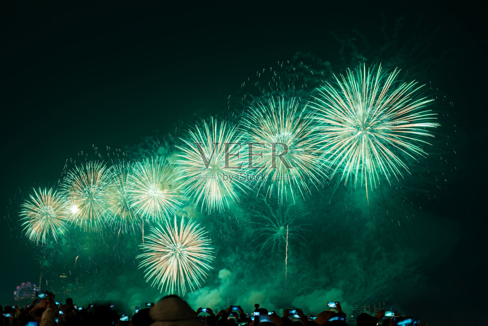 英湾上空绚丽的烟花绽放照片摄影图片