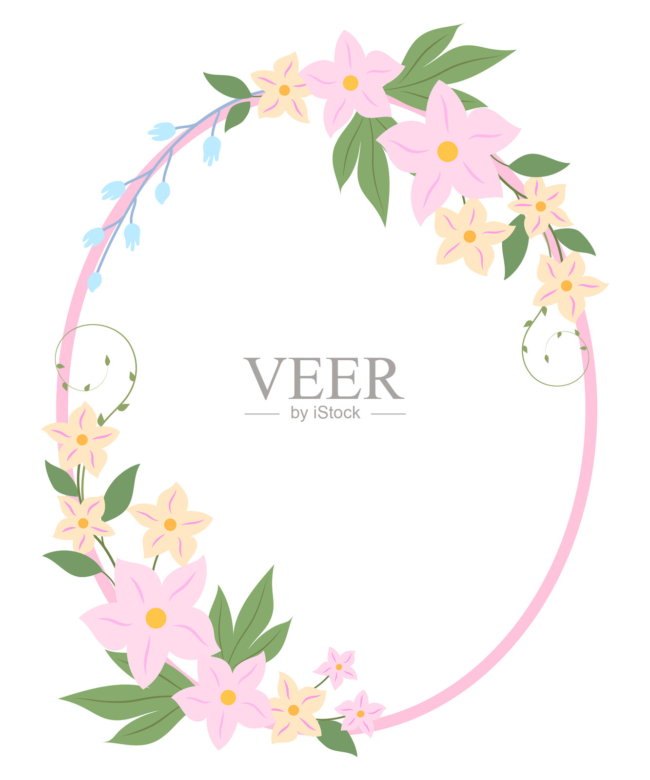 精致的粉色椭圆框架，带有花朵，背景为白色插画图片素材