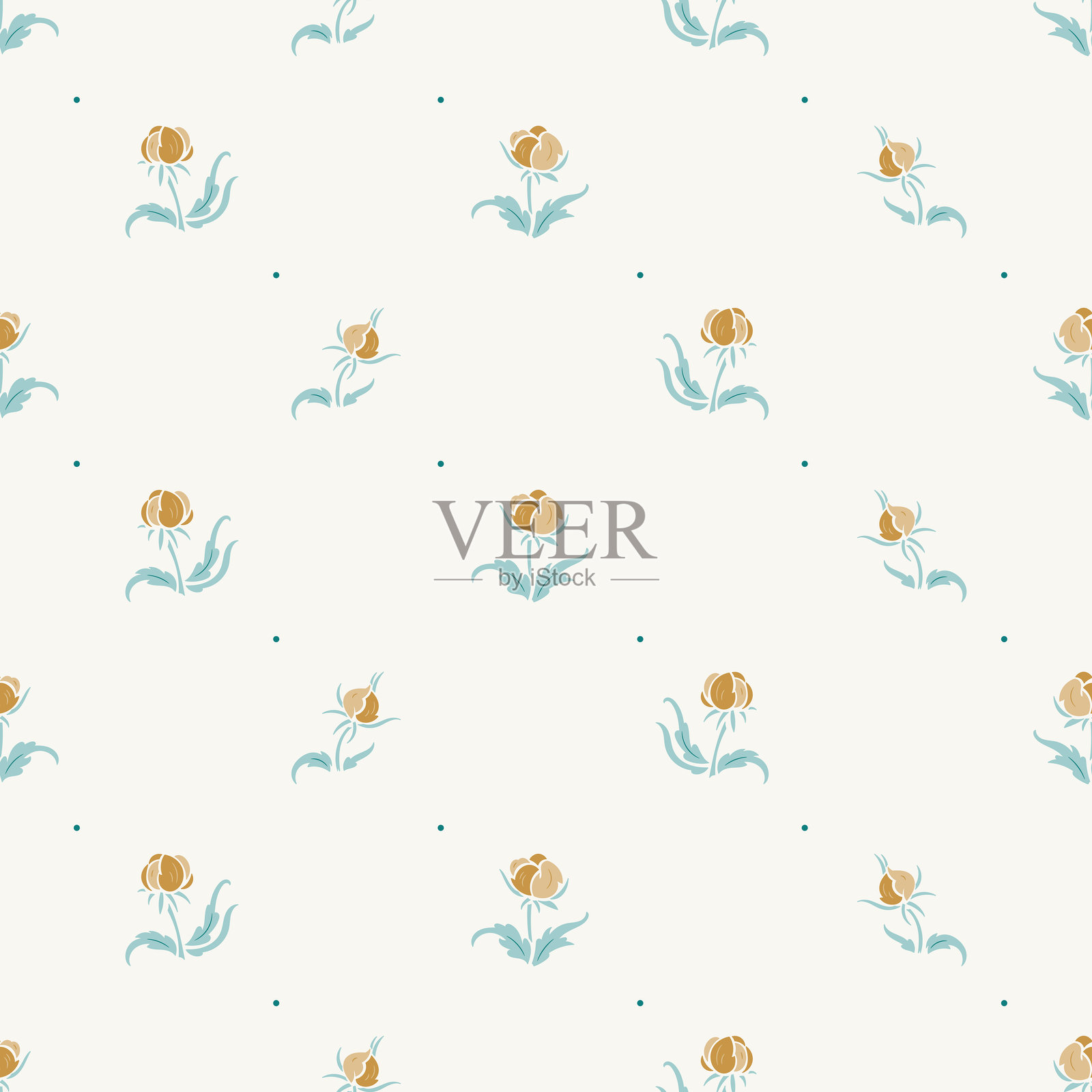 花卉印花无缝图案矢量。背景中有美丽的黄色花朵和青绿色叶子。春季、夏季、秋季自然复古壁纸。插画图片素材