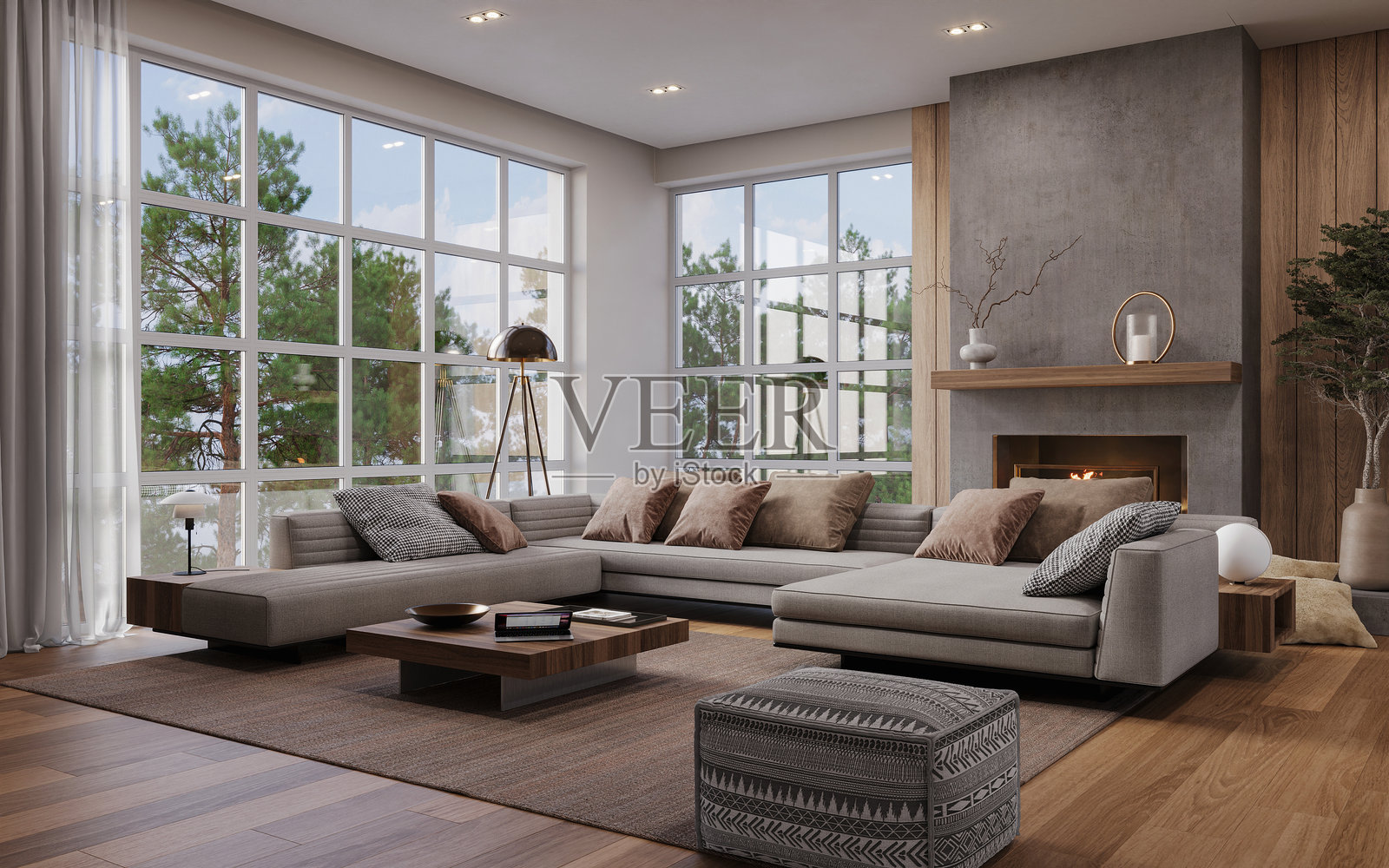 舒适现代的客厅，配有自然木质装饰、柔和中性的家具和简约的混凝土壁炉。四周环绕着大型窗户，提供宁静的森林景观，3D渲染图。照片摄影图片