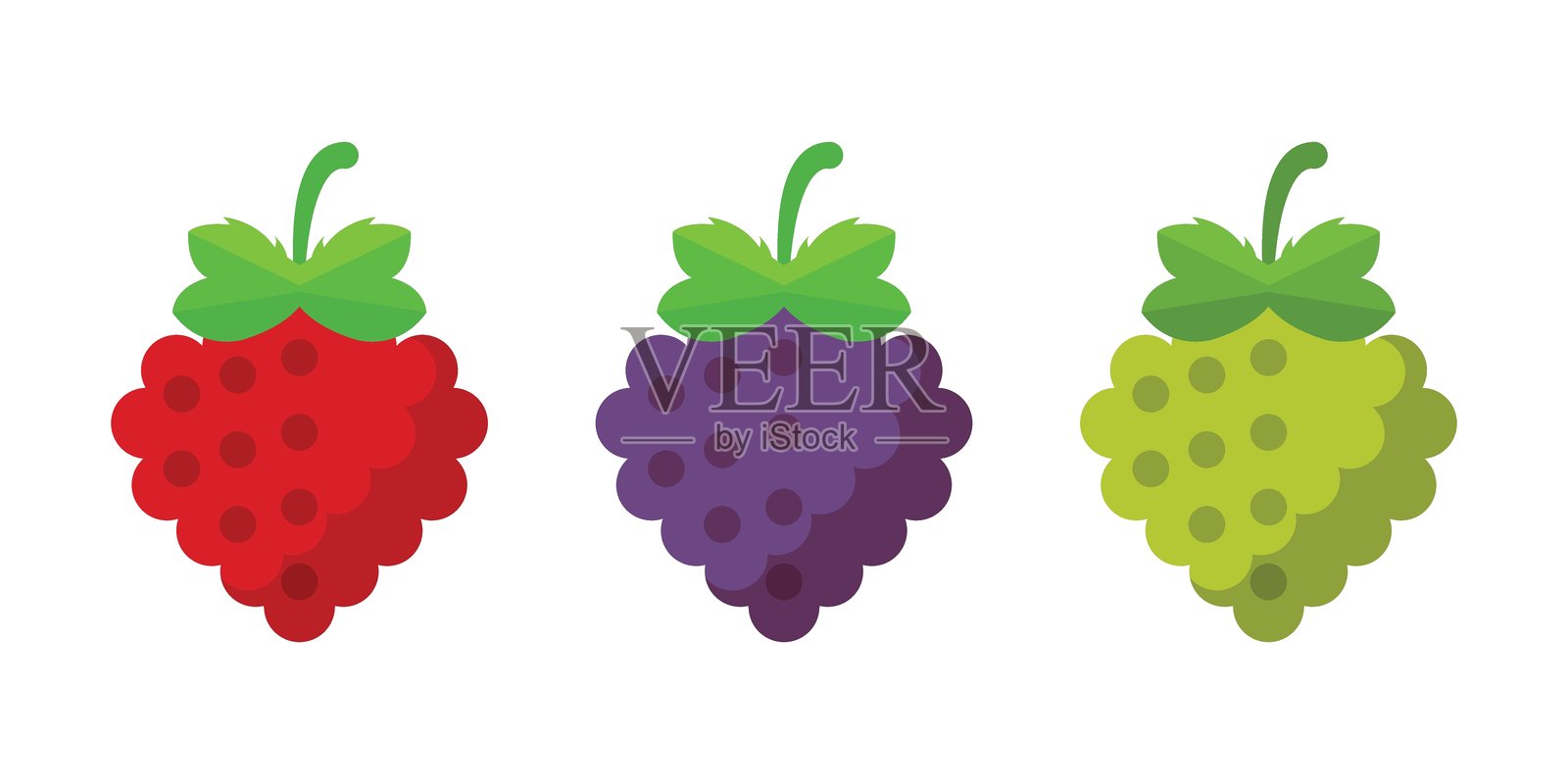 平面风格的葡萄、蓝莓、覆盆子水果图标集合。孤立背景上的浆果矢量插图。自然小吃标志商业概念。插画图片素材