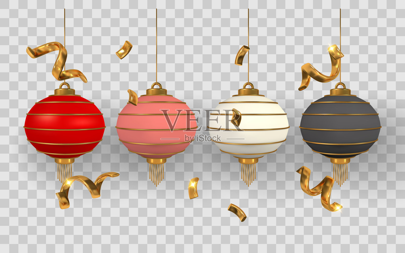 中国灯笼3D渲染，配有金色丝带和透明背景。多色传统节日装饰。独立的真实矢量插图。插画图片素材
