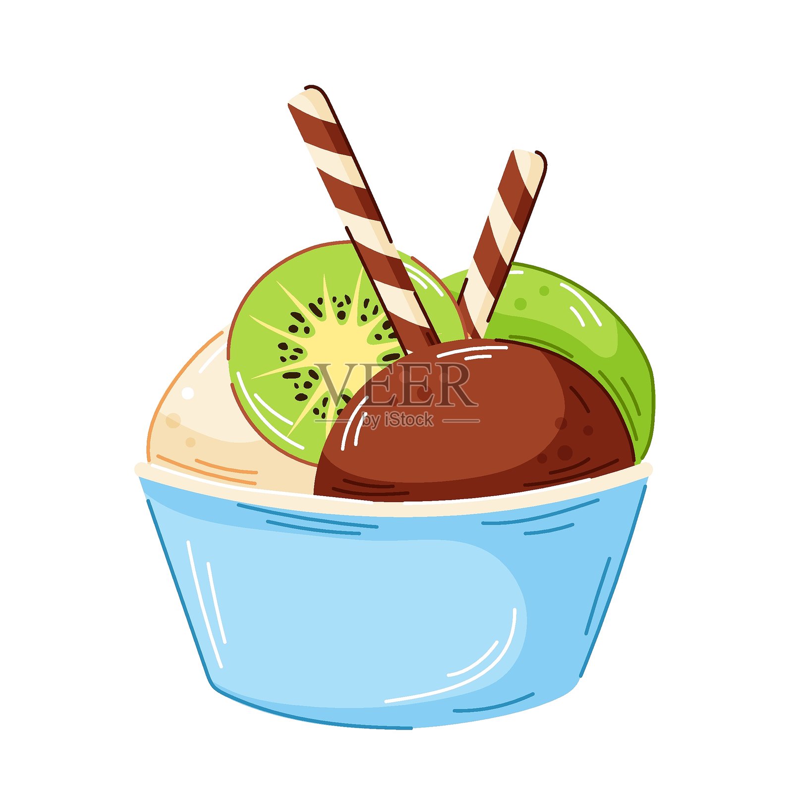 卡通风格的碗中盛有五彩冰淇淋，包含香草、巧克力和猕猴桃口味，顶部装饰有威化棒和猕猴桃。非常适合甜点菜单、包装和甜食设计。插画图片素材