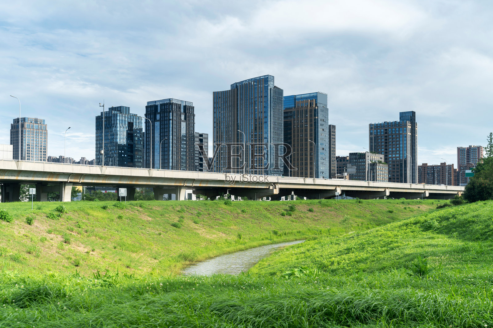 城市中心公园里的花田与现代城市照片摄影图片